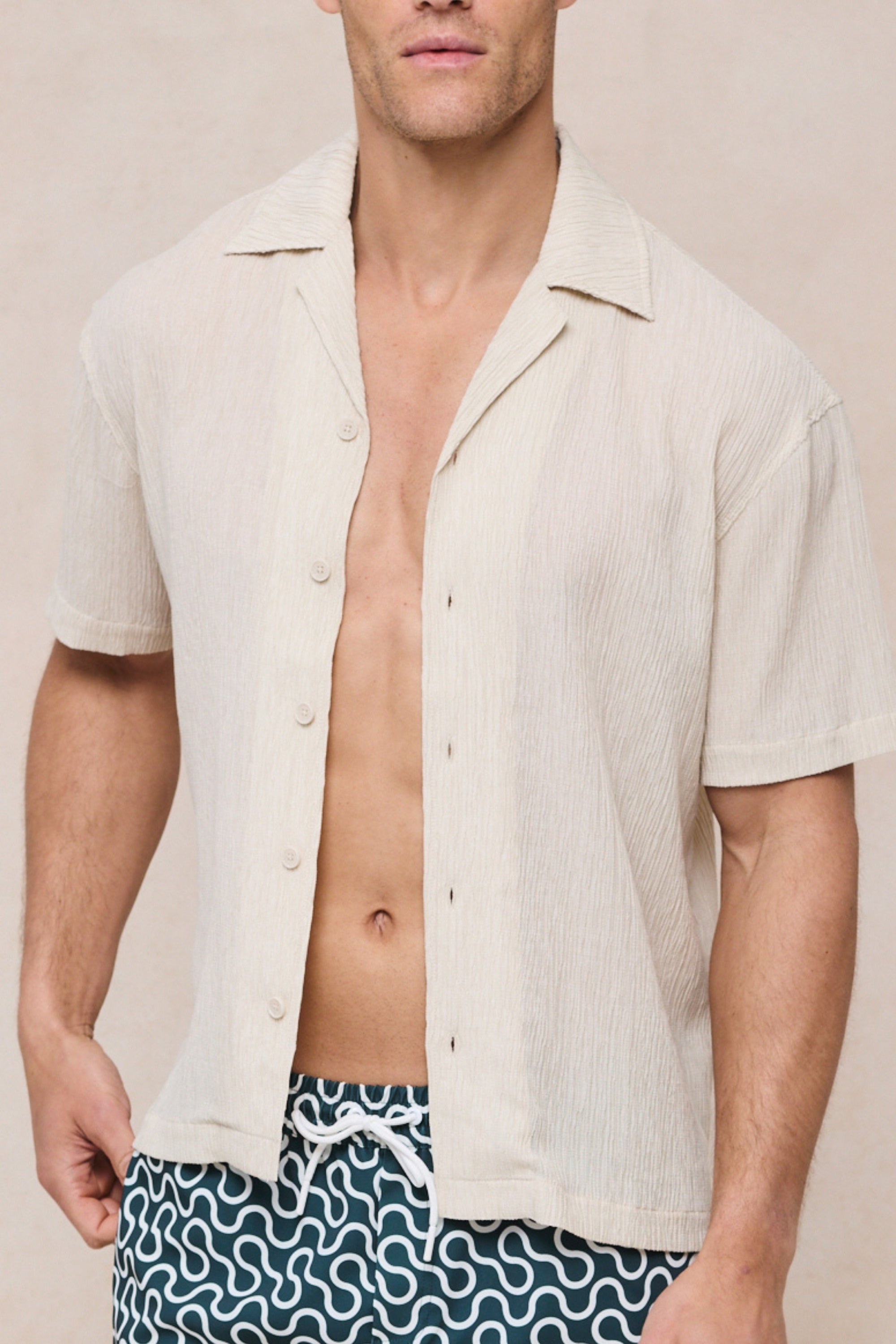 Gabriel Crinkled Tencel Short Sleeve Shirt - Beige