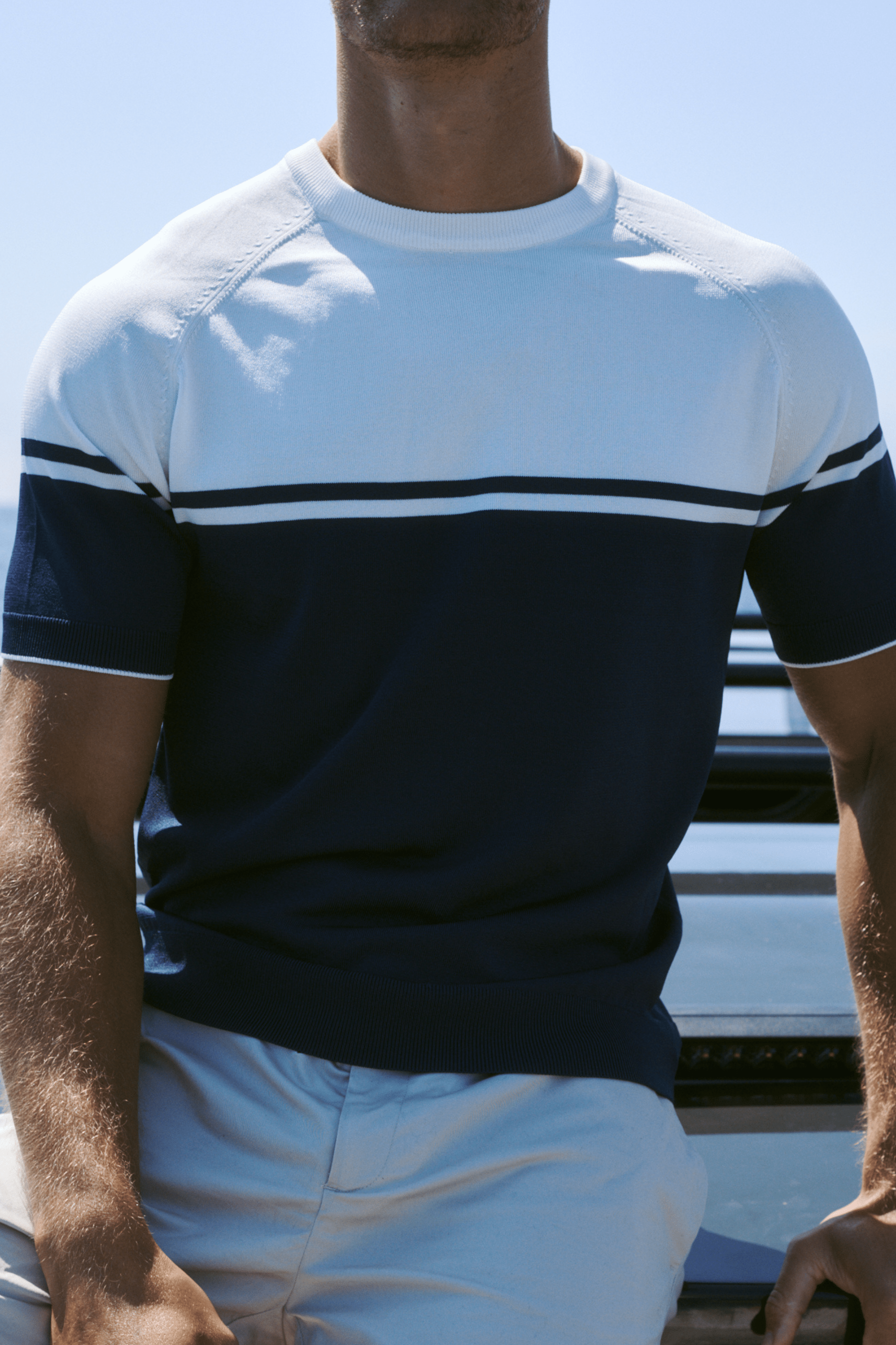 Riera Colour Block Knit Crew Neck T-Shirt - Navy/Ecru