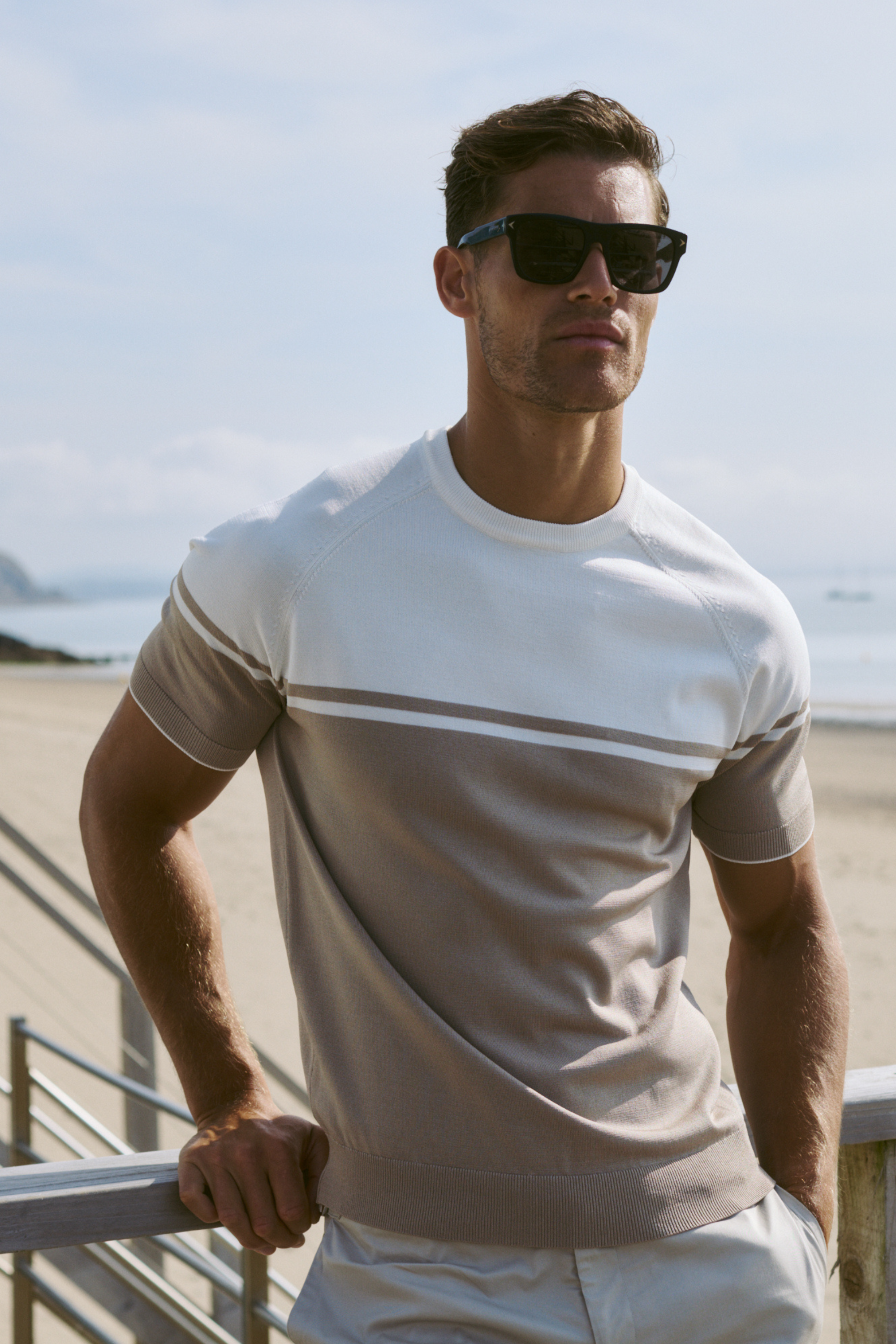 Riera Colour Block Knit Crew Neck T-Shirt - Beige/Ecru