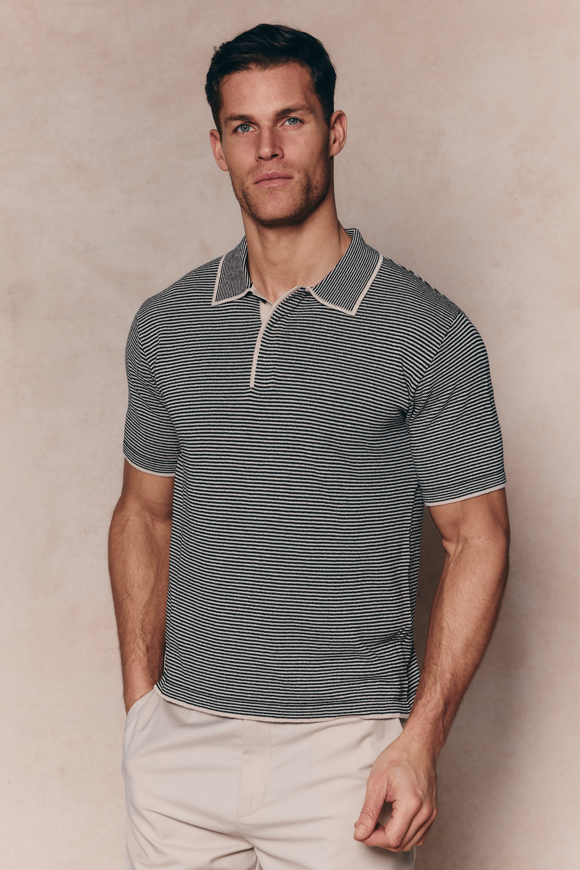 Felipe Contrast Hems Striped Linen Half Placket Polo - Beige/Black