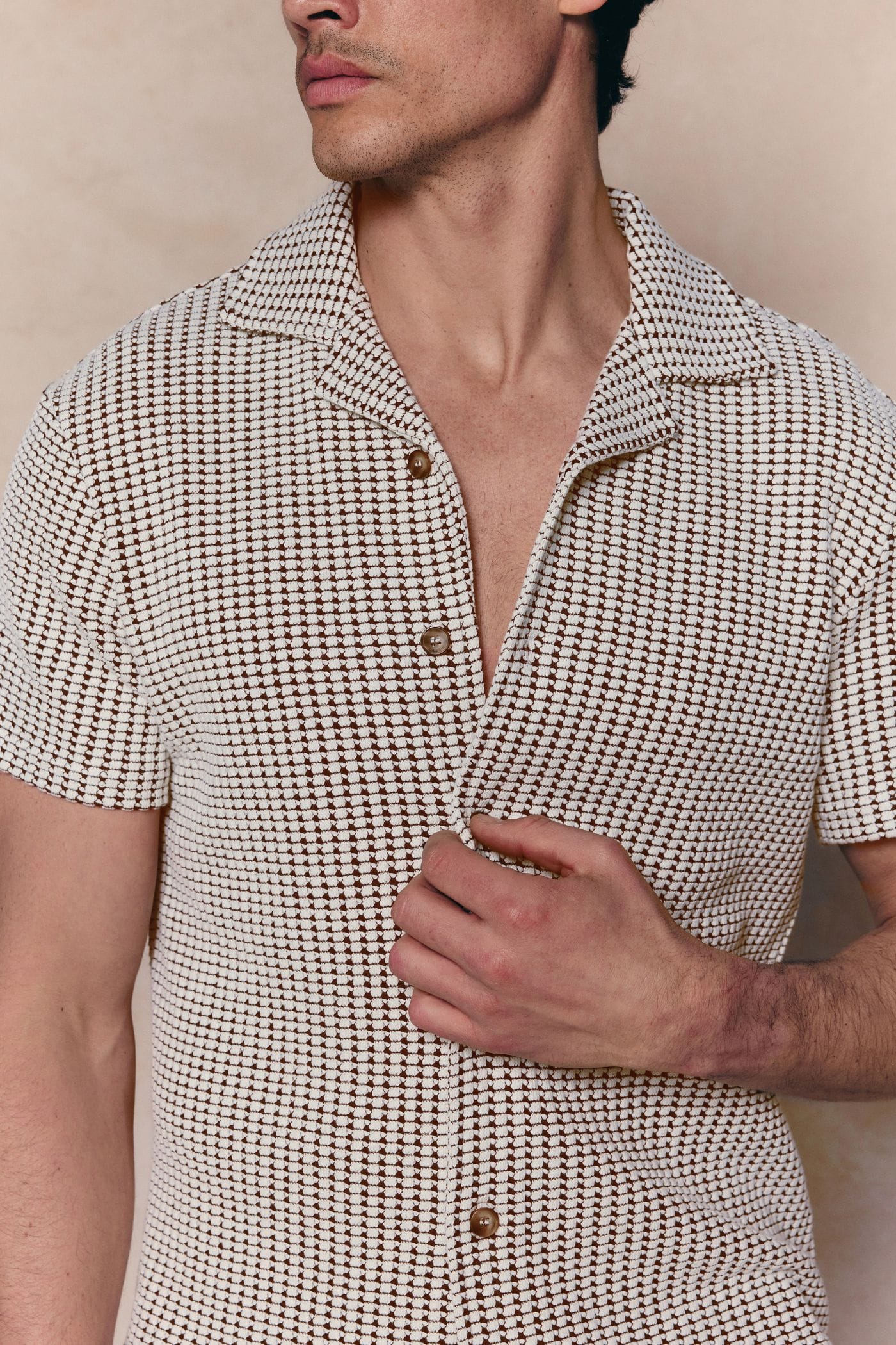Marcos Patterned Waffle Short Sleeve Shirt - White/Brown