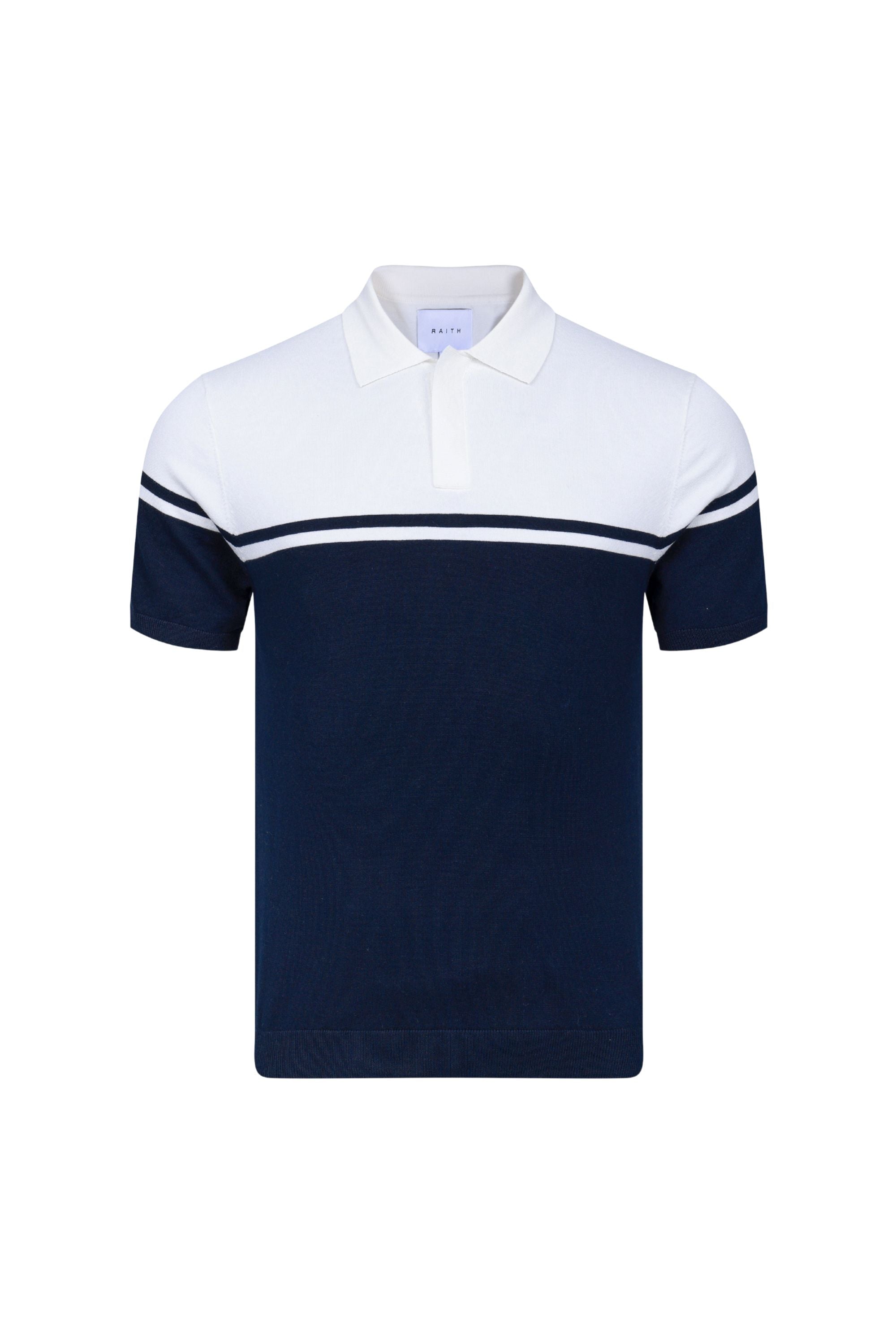 Vicolo Gestricktes Poloshirt mit Streifenmuster, kurzärmelig – Marineblau/Sand