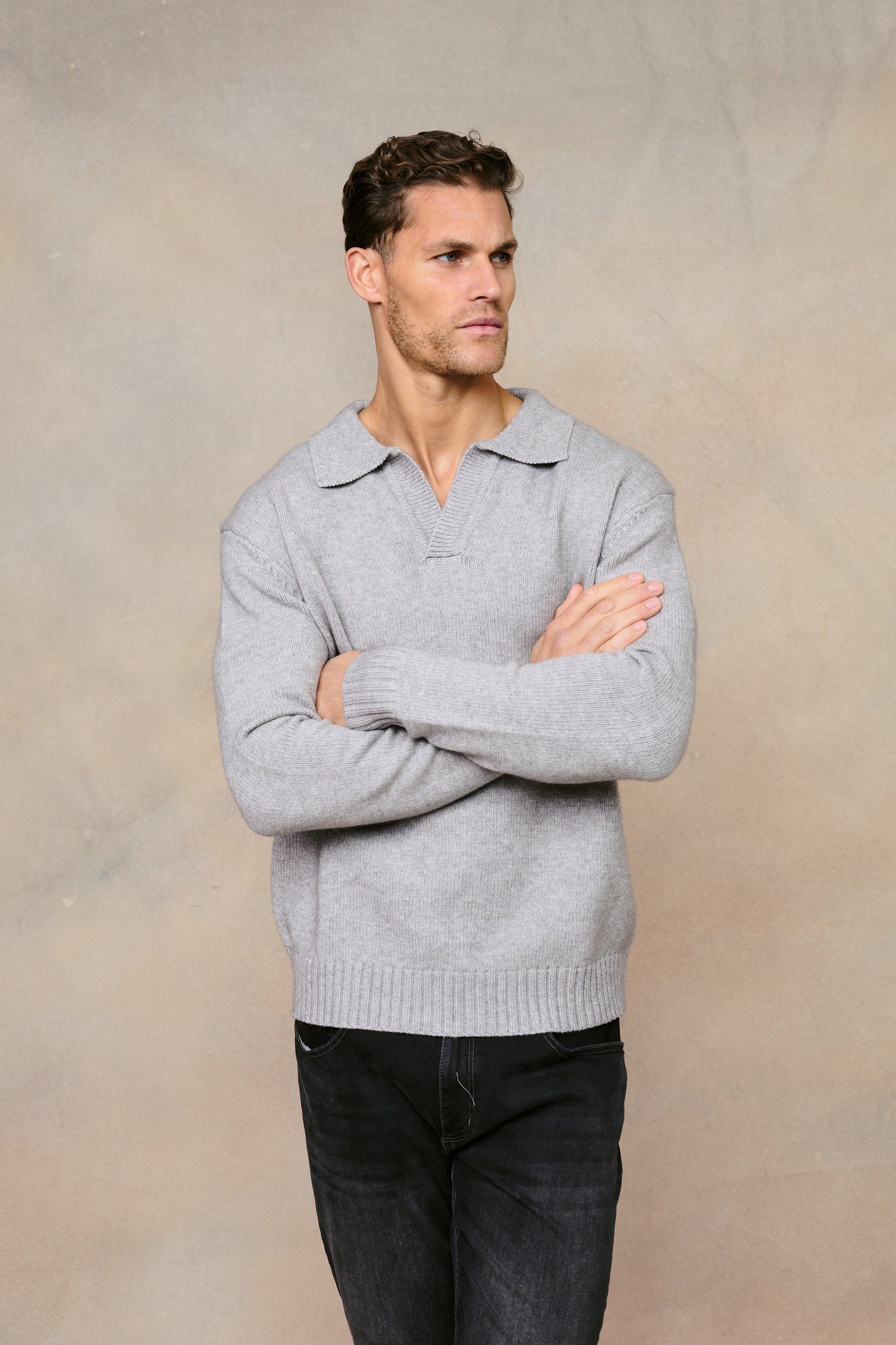 Grobstrickpullover Dylan mit offenem Kragen - Grau meliert