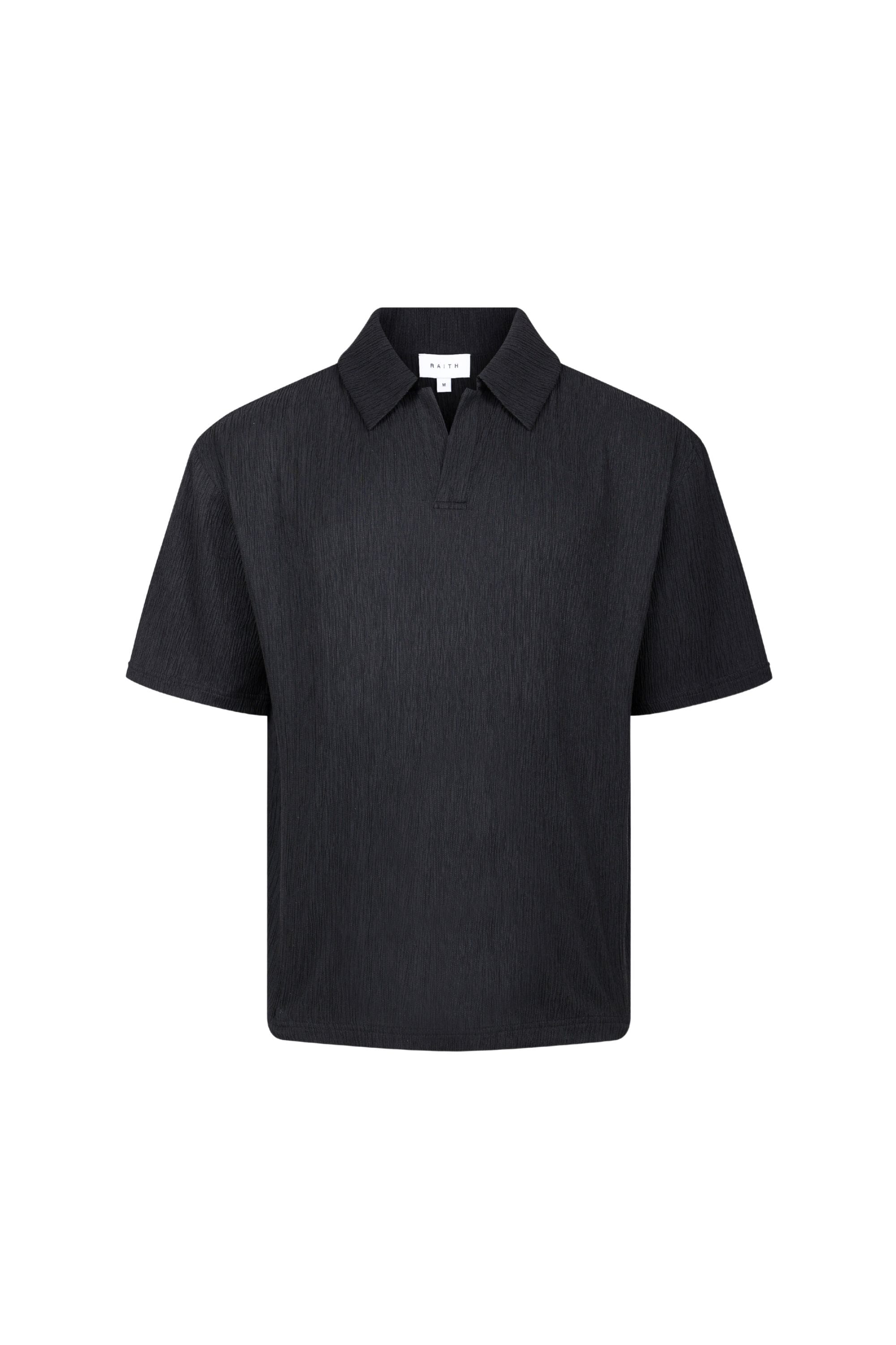 Silvano Crinkled Open Collar Polo - Black