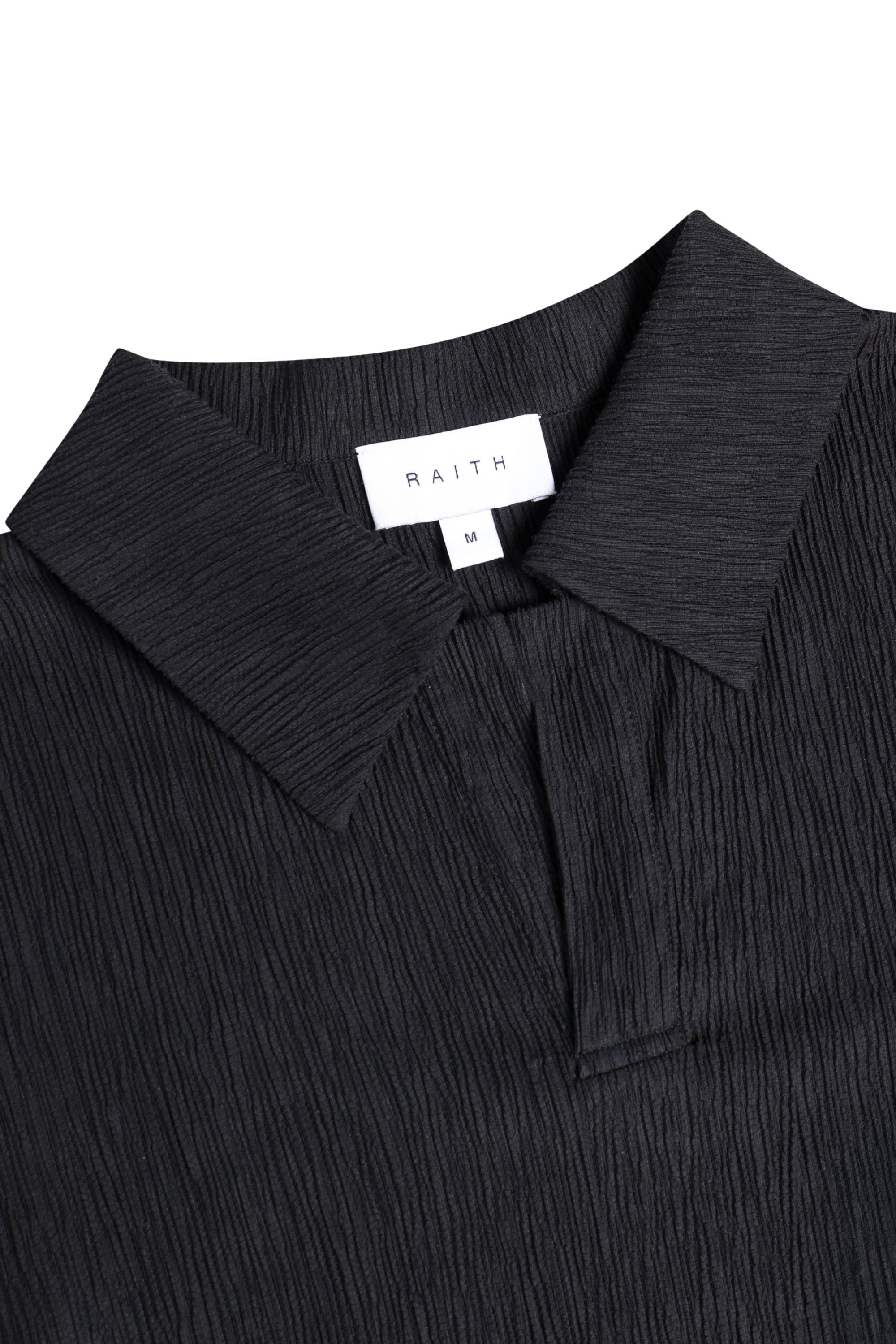Silvano Crinkled Open Collar Polo - Black