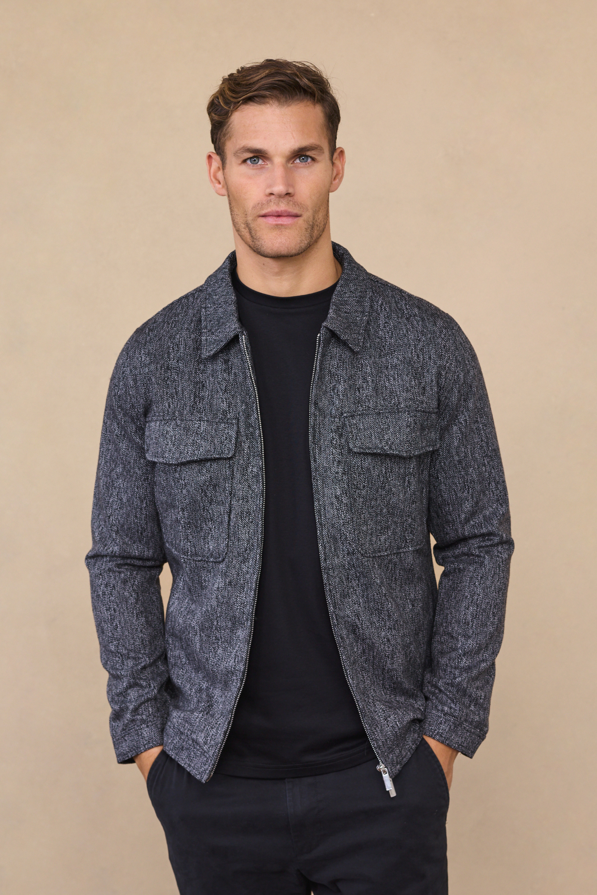 Carter Herringbone Wool Harrington Jacket - Black