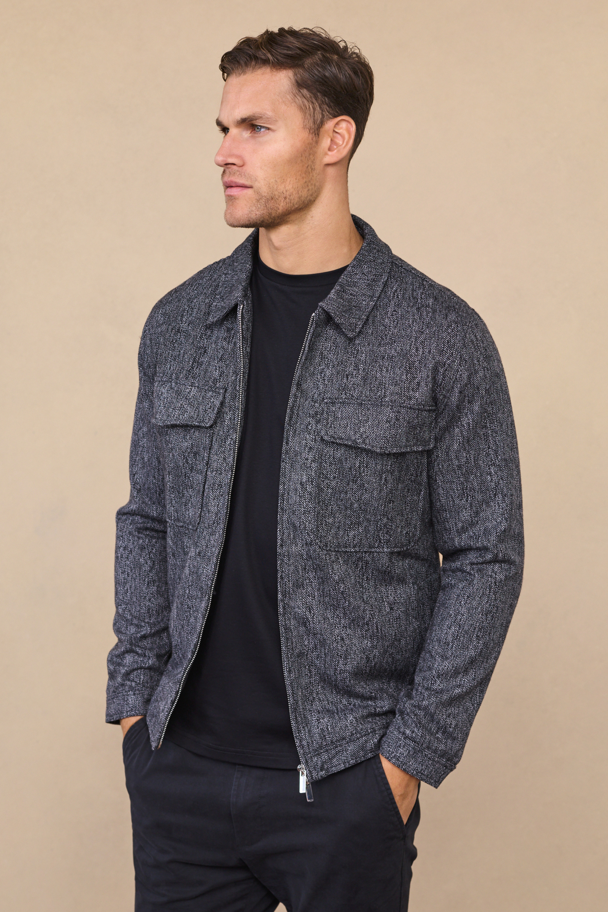 Carter Herringbone Wool Harrington Jacket - Black