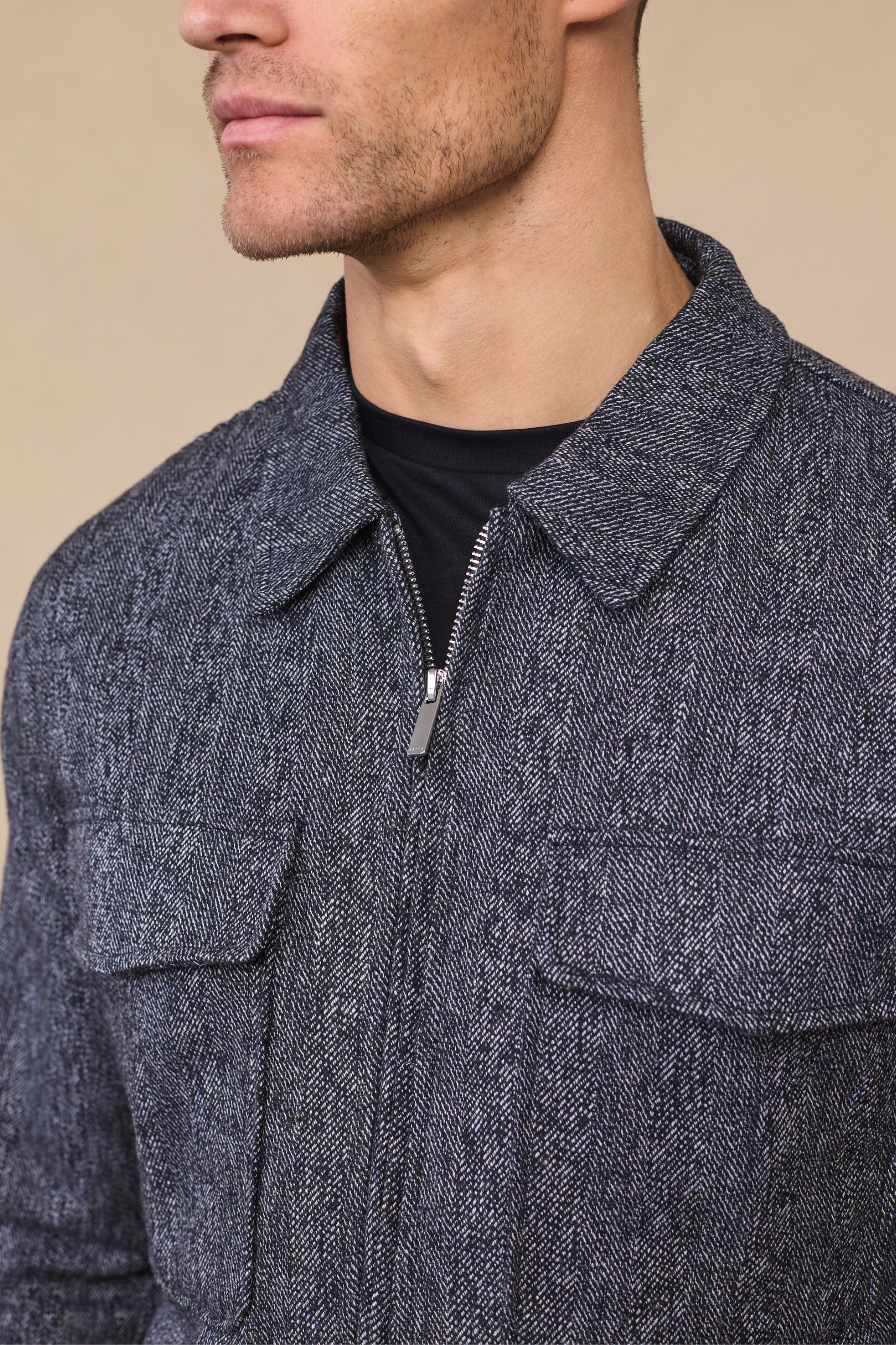 Carter Herringbone Wool Harrington Jacket - Black