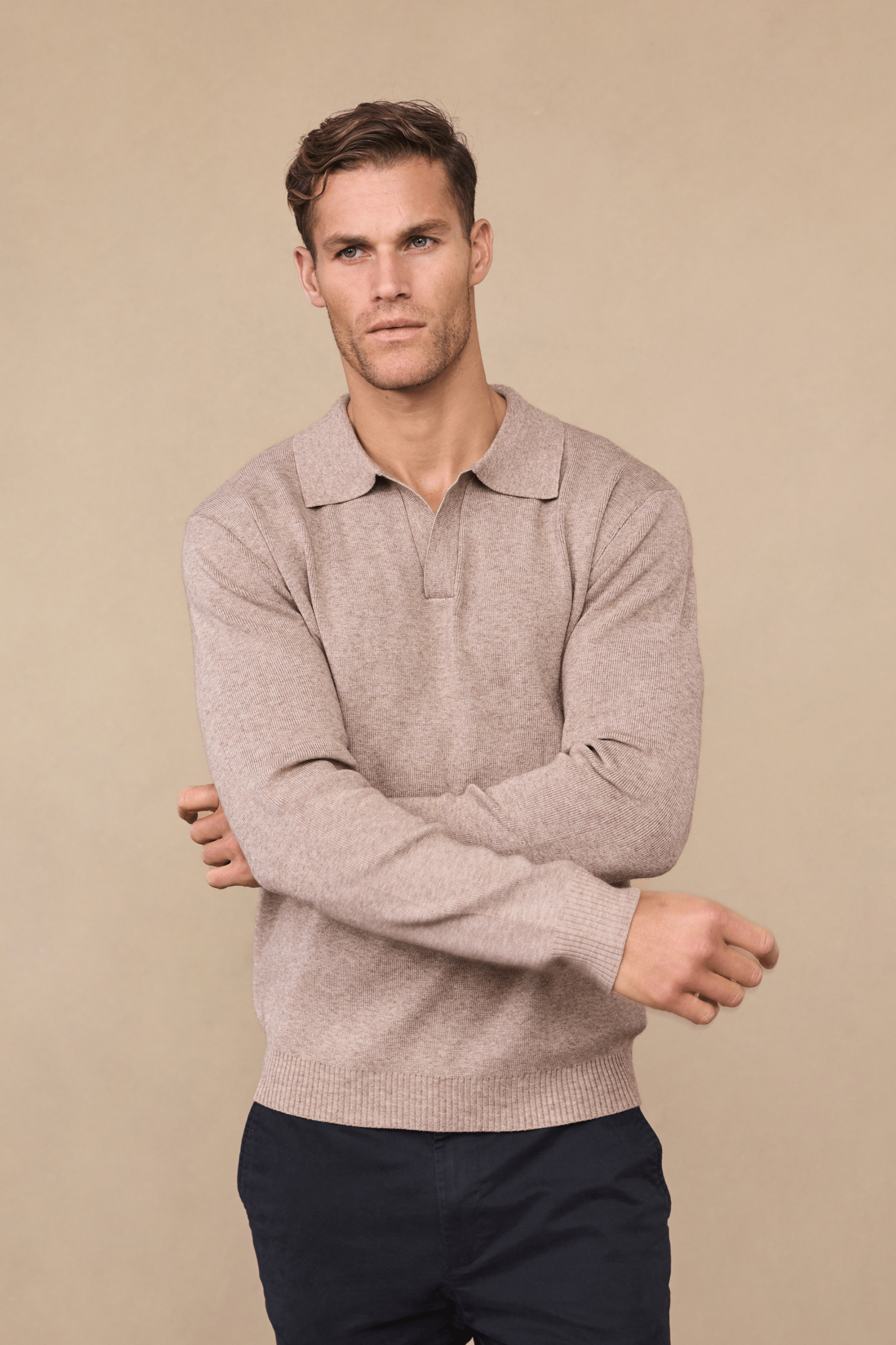 Lennon Poloshirt mit offenem Kragen - Biscuit Beige