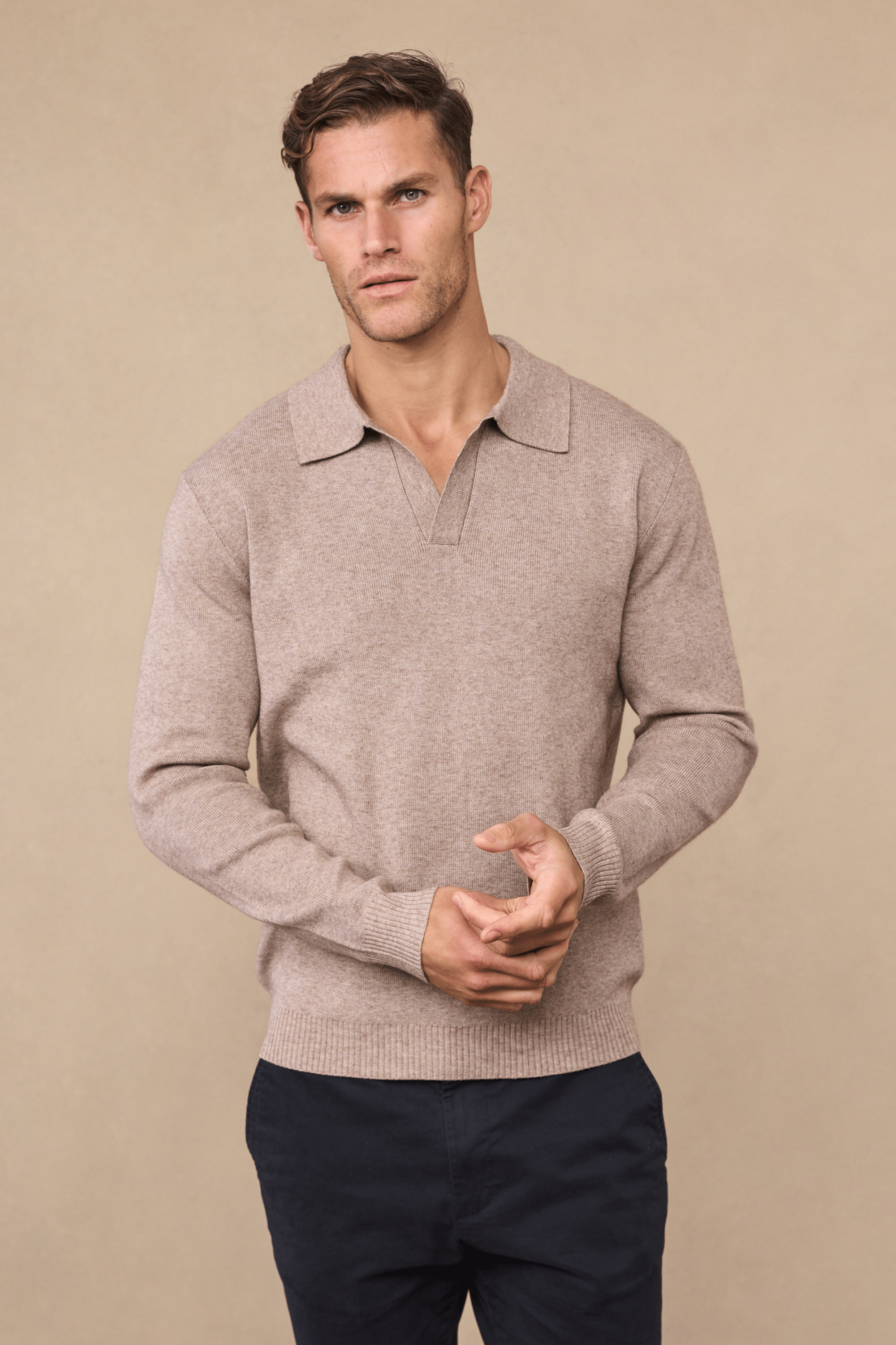 Lennon Poloshirt mit offenem Kragen - Biscuit Beige