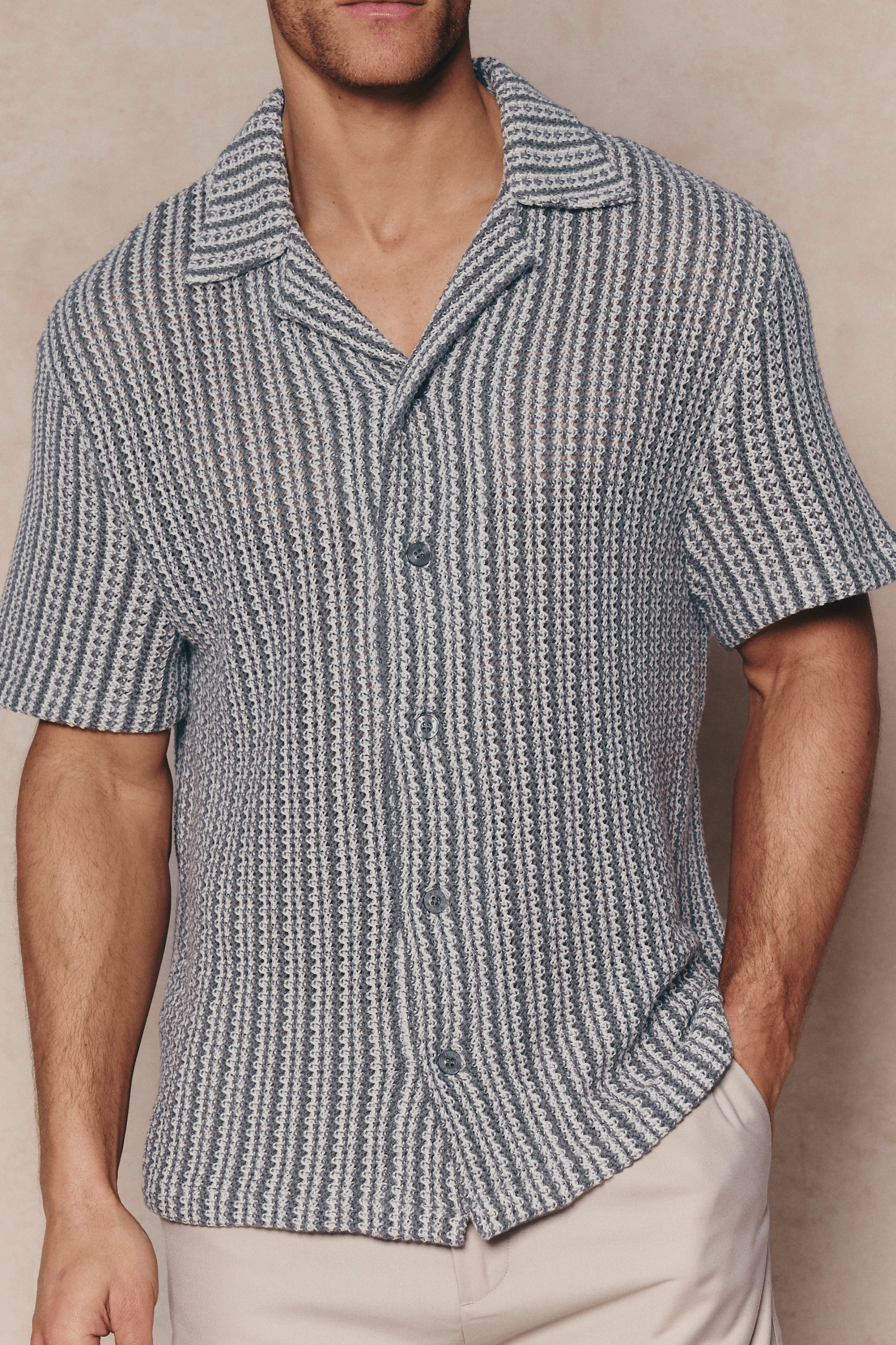 Salvador Knitted Camp Collar Shirt - Pale Blue/Ecru