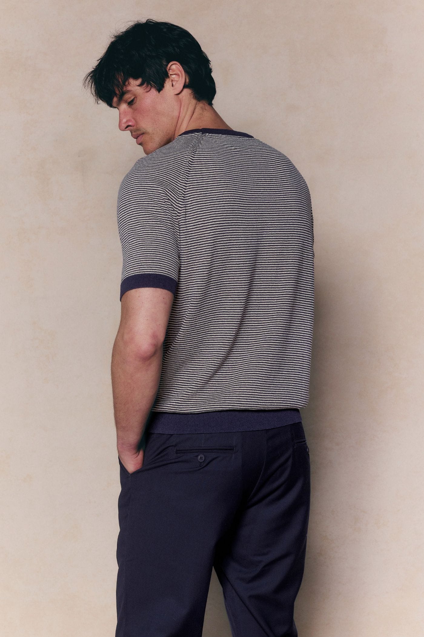 Rafael Linen Striped Crew Neck T-Shirt - Navy/Beige