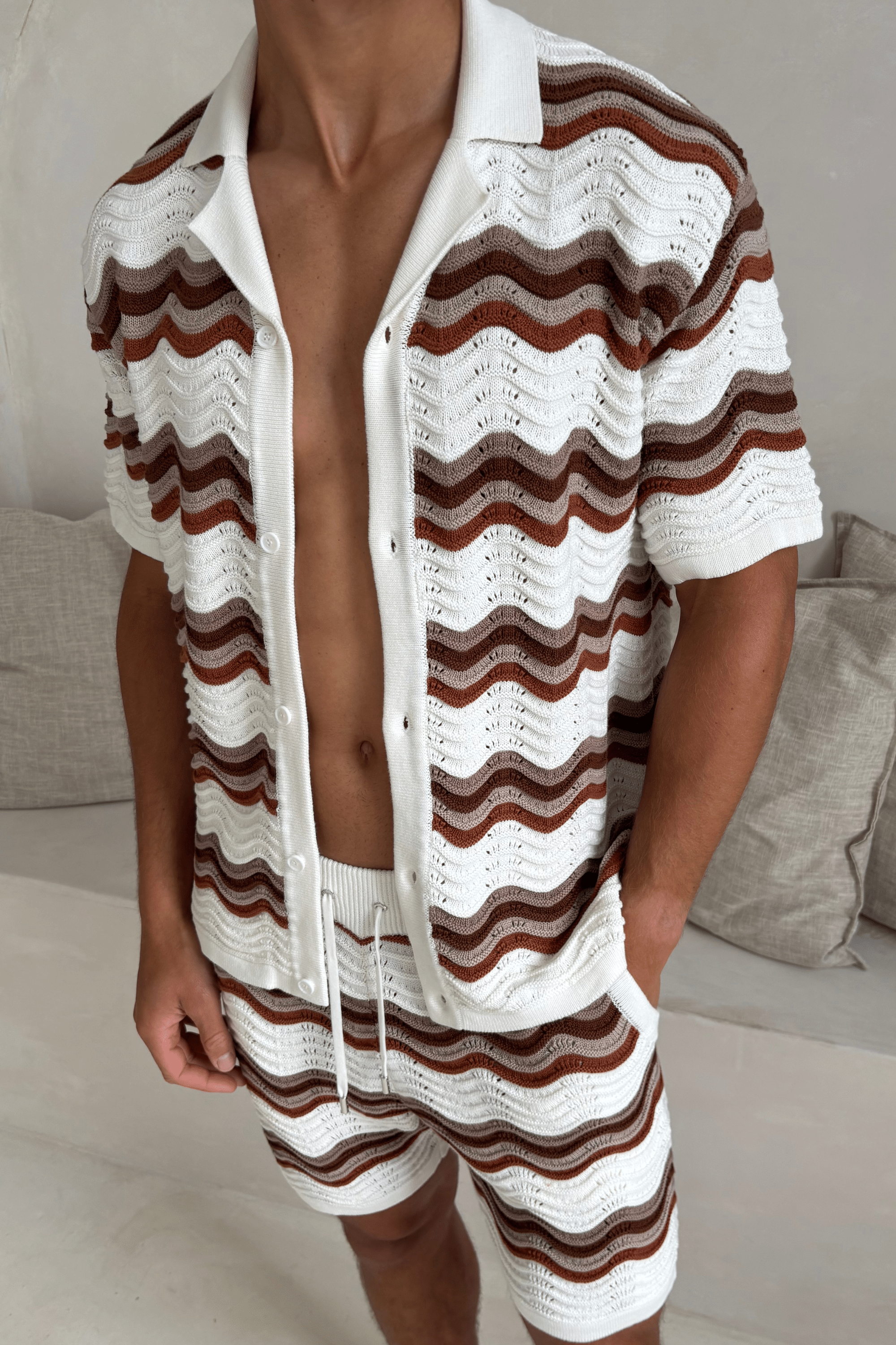 Primavera Crochet Knit Shirt - Ecru/Brown