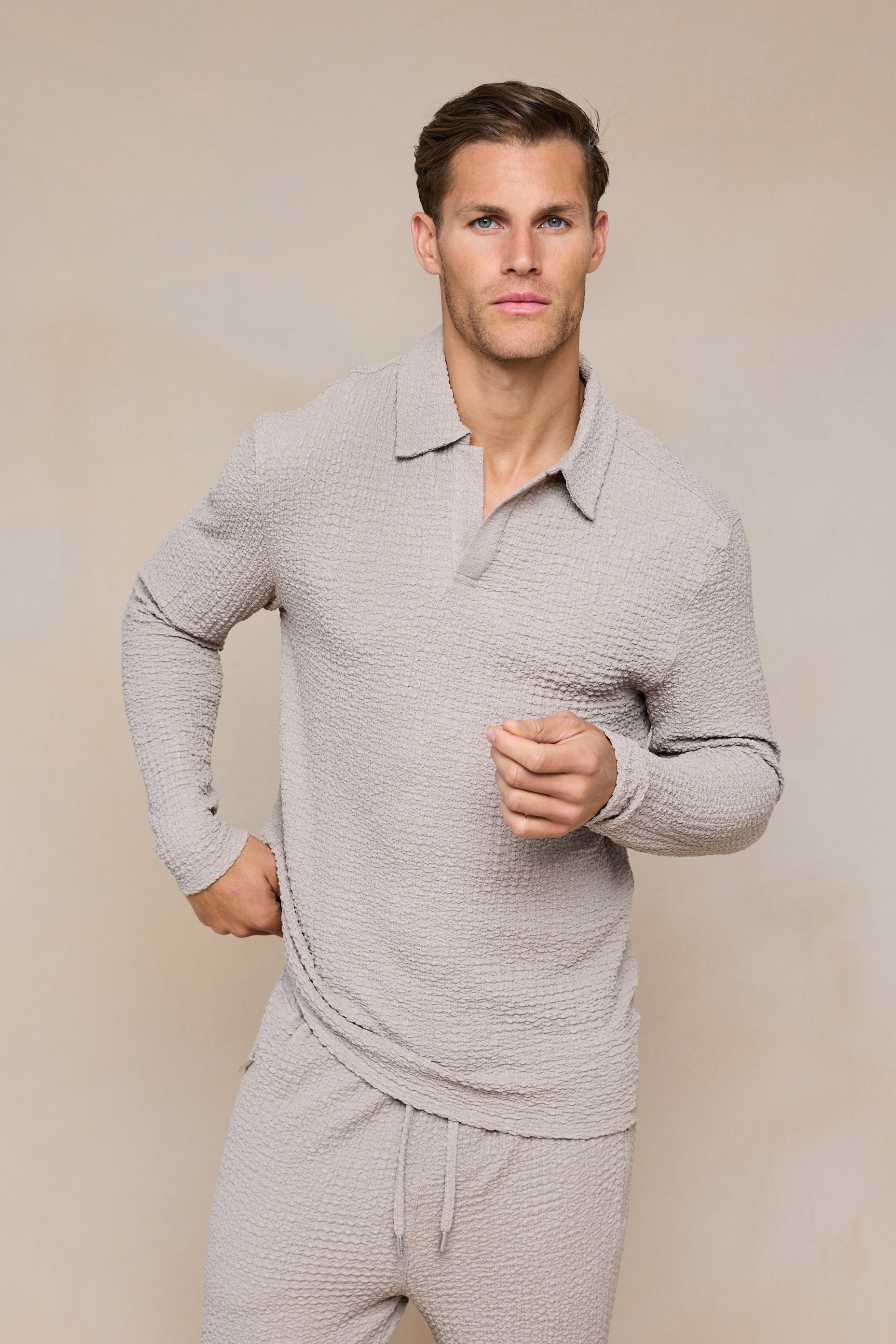 Artie Ruched Textured Long Sleeve Polo Shirt - Mushroom