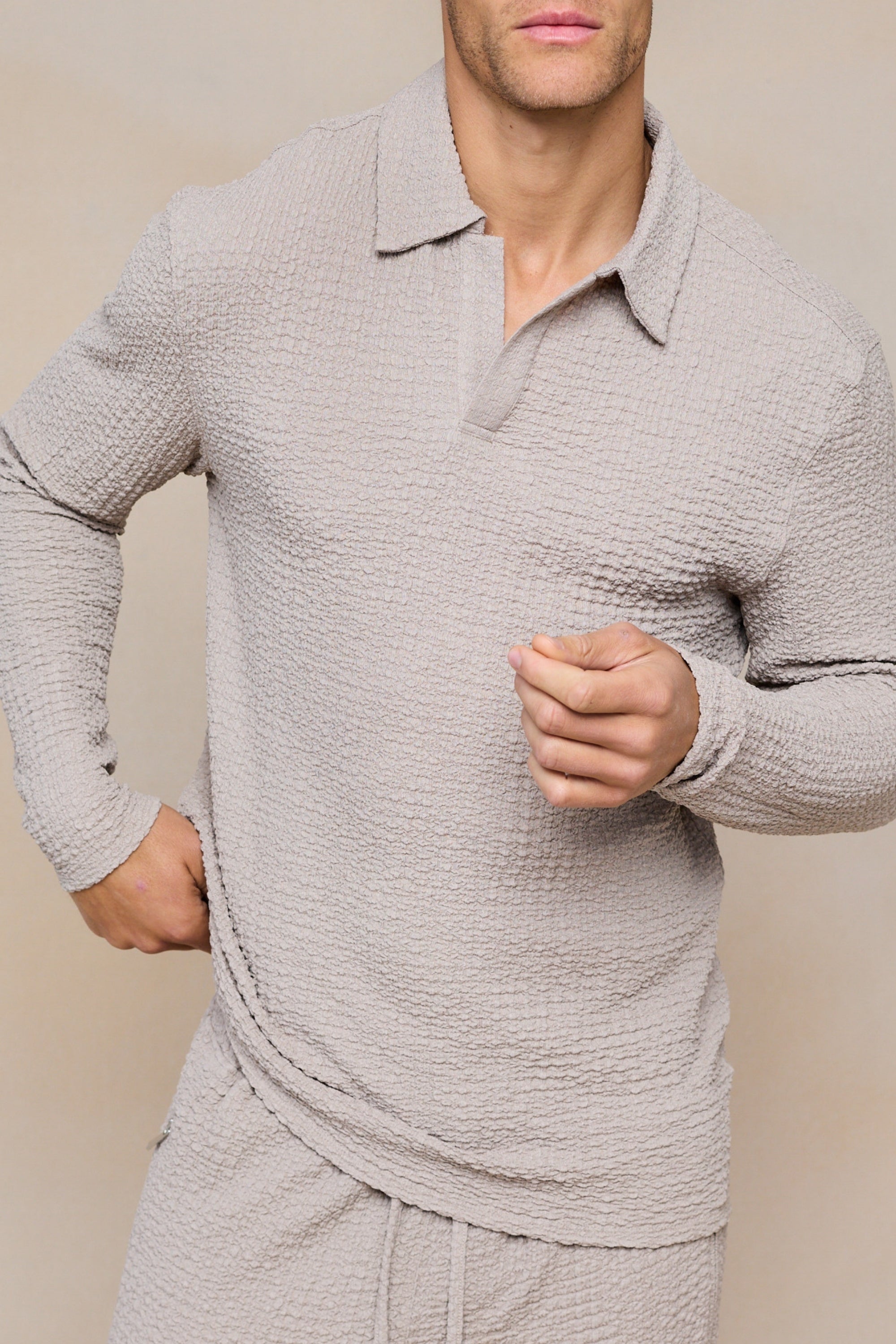 Artie Ruched Textured Long Sleeve Polo Shirt - Mushroom