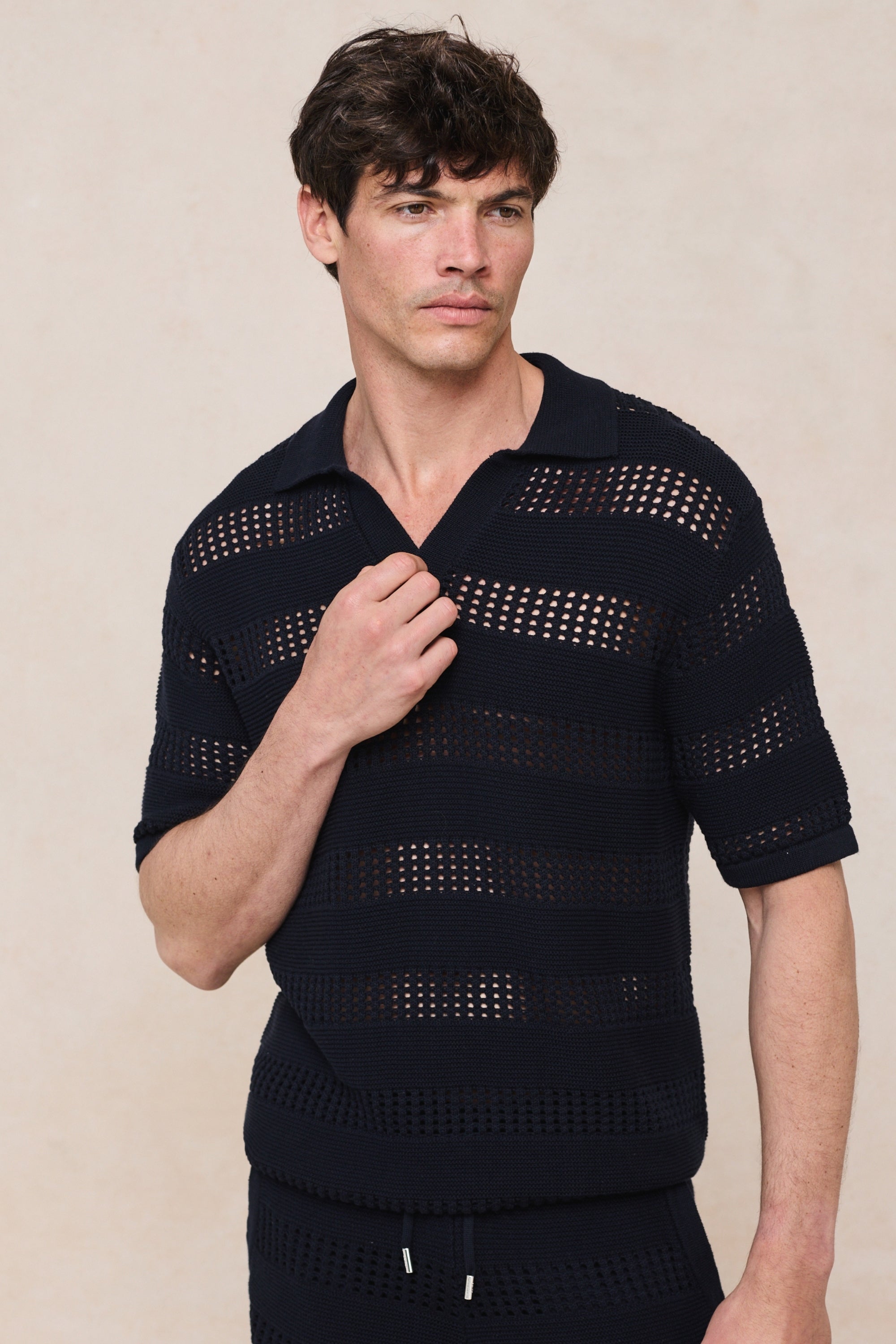 Frattina Crochet Cotton Knit Polo - Navy