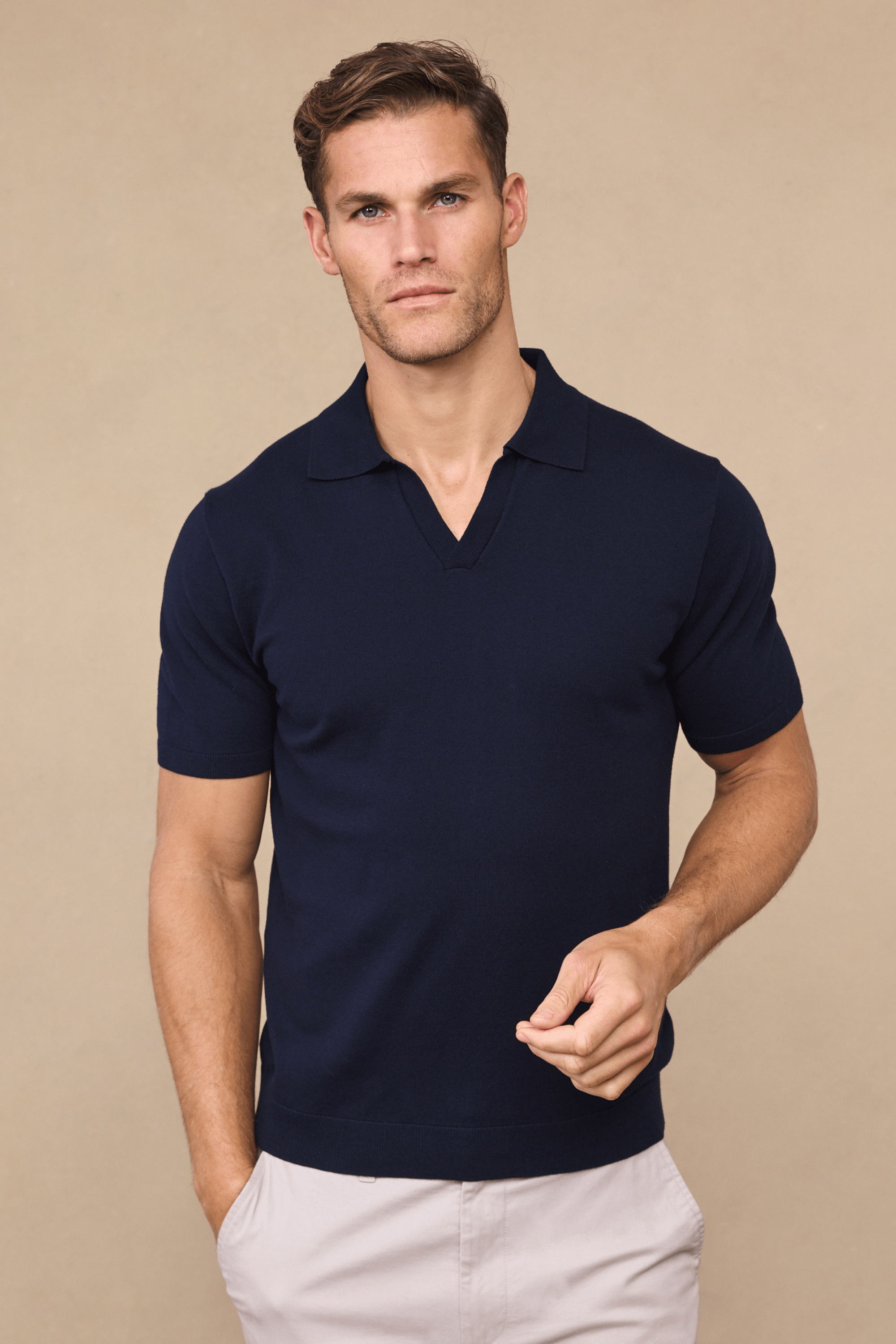 Privia Knitted Open Neck Polo - Navy