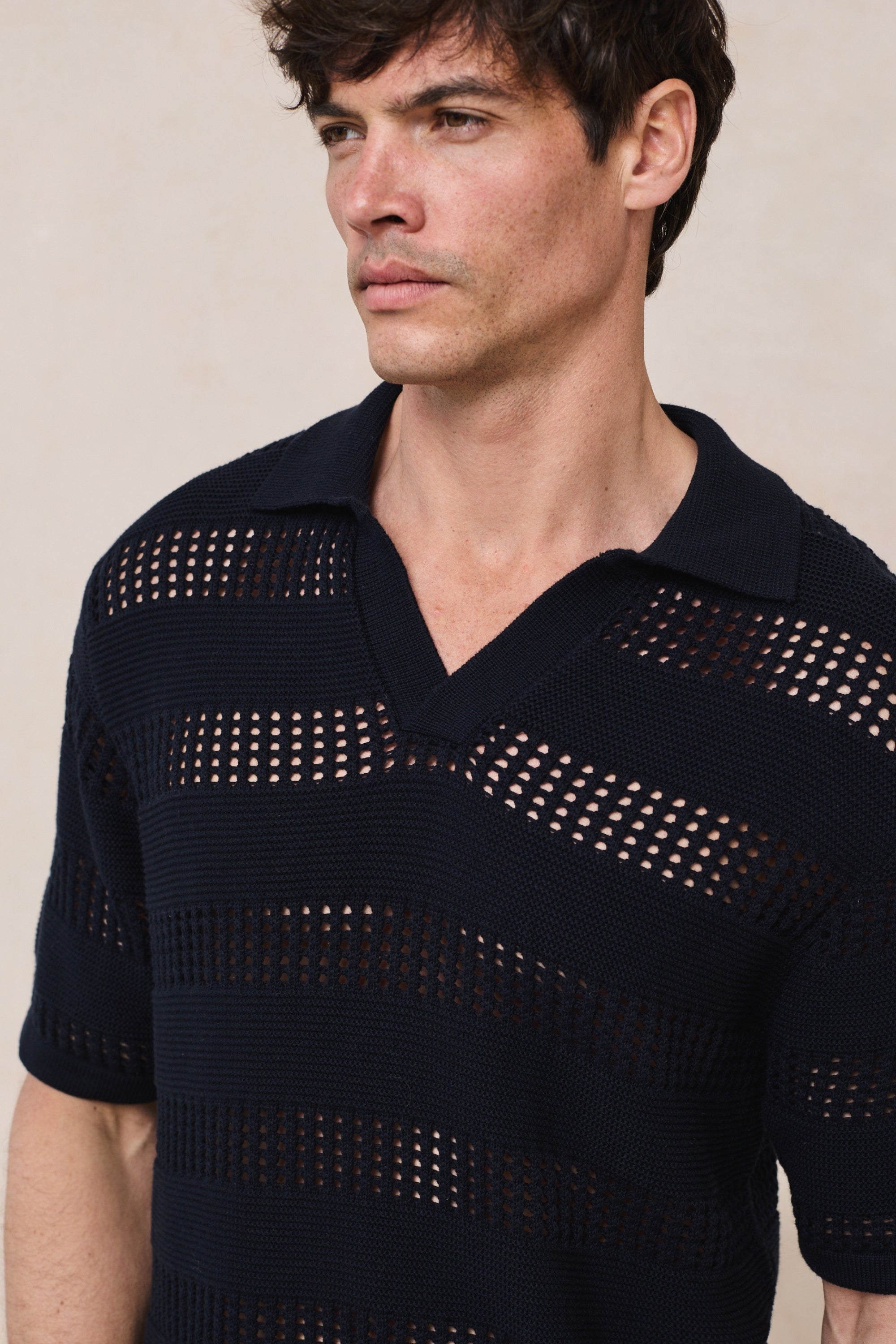 Frattina Crochet Cotton Knit Polo - Navy