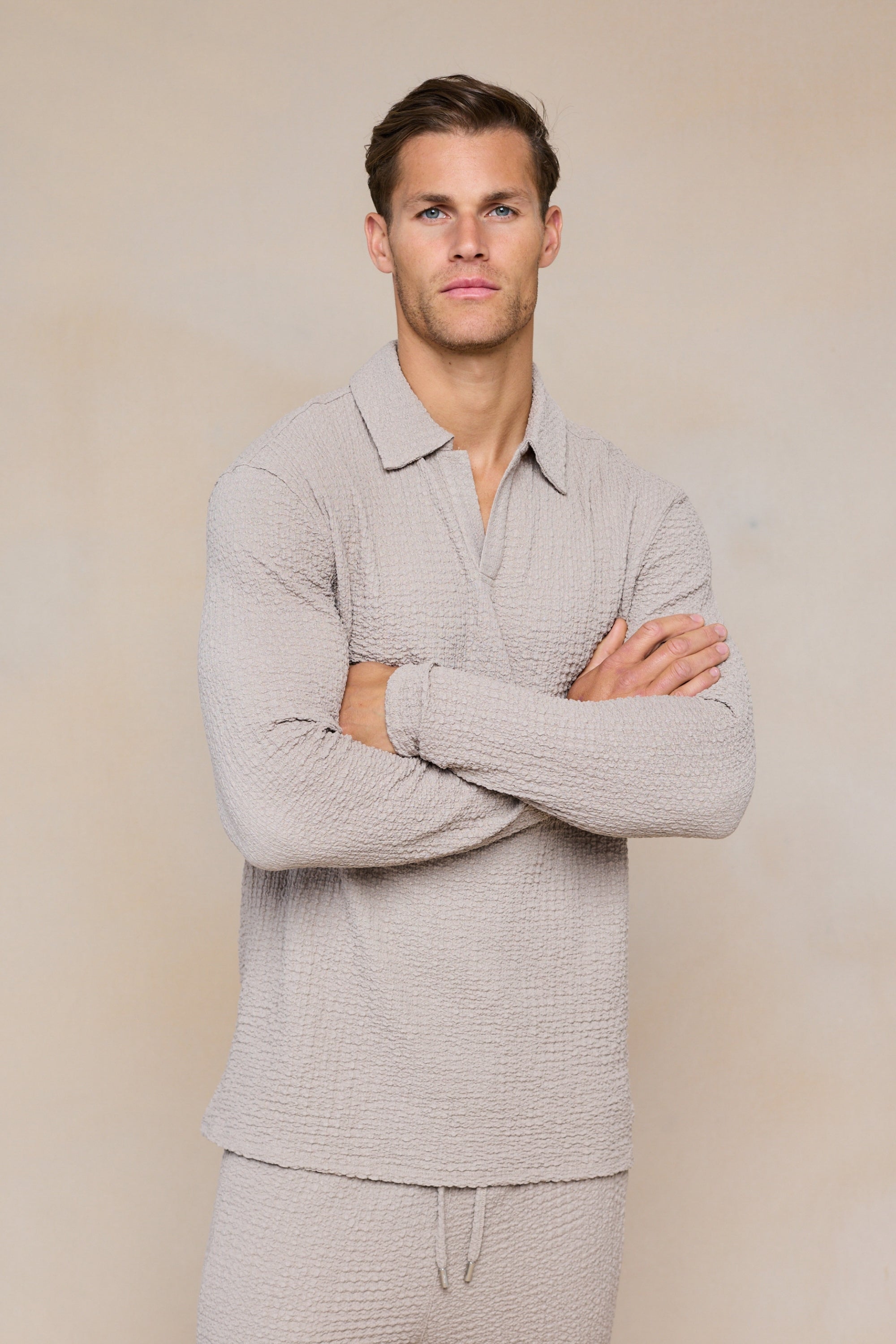 Artie Ruched Textured Long Sleeve Polo Shirt - Mushroom