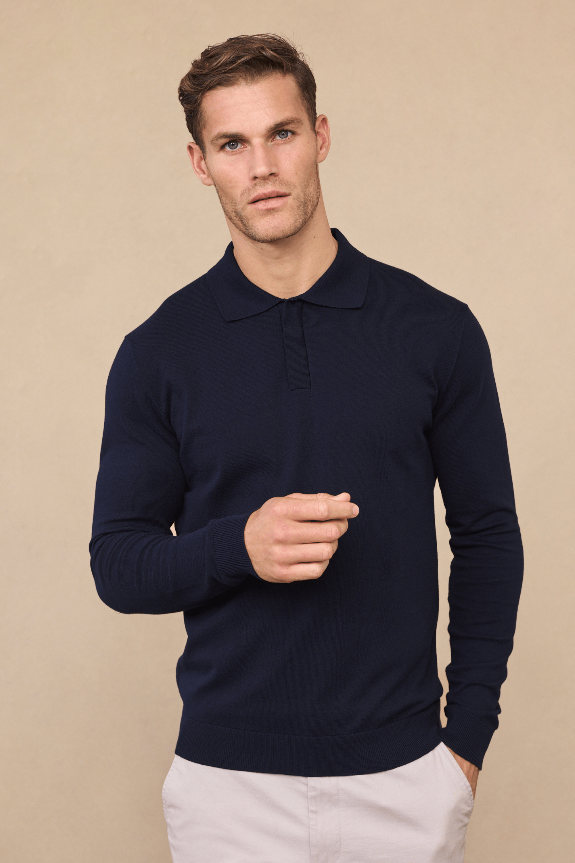 Andre Long Sleeve Button Polo - Navy