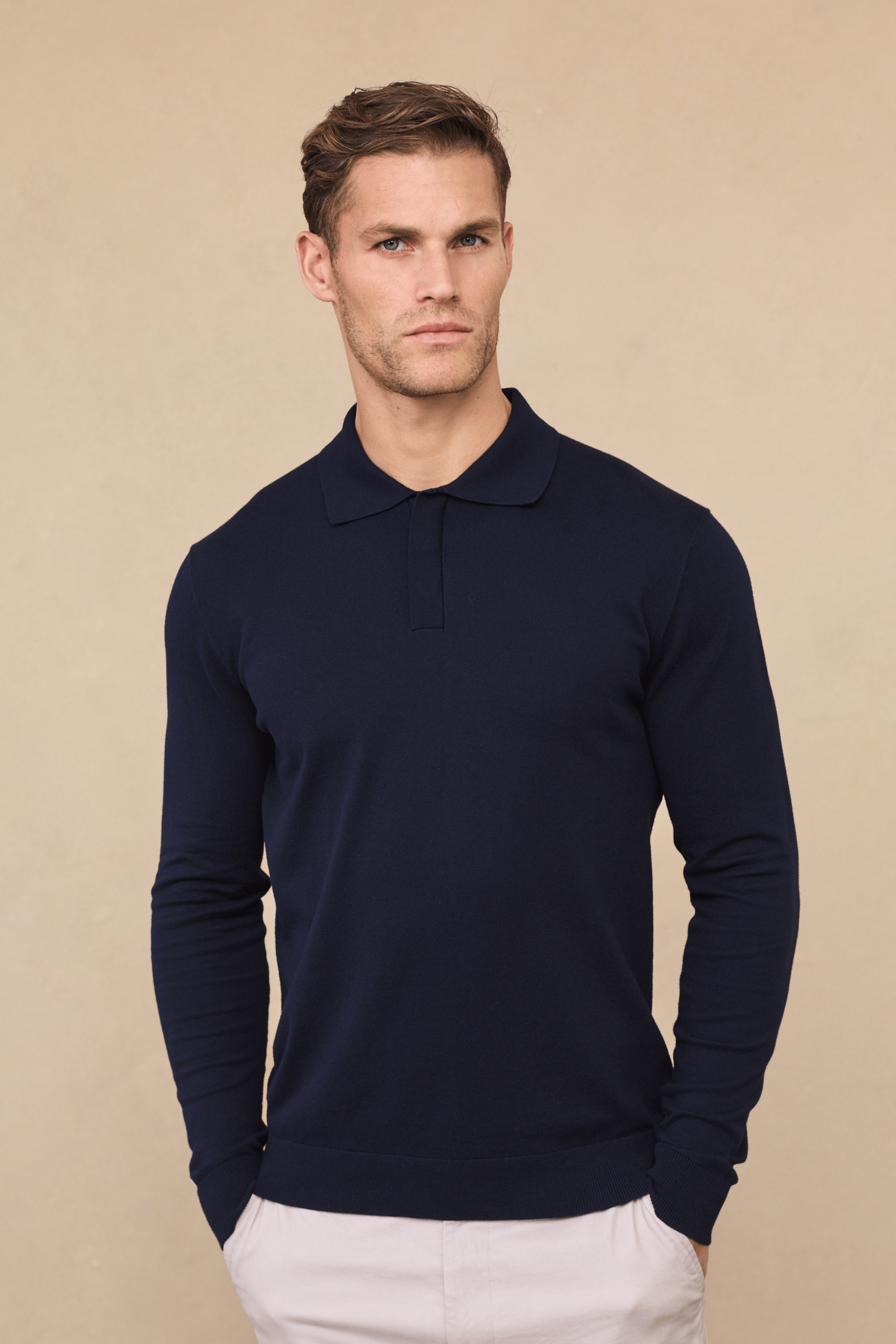 Andre Long Sleeve Button Polo - Navy