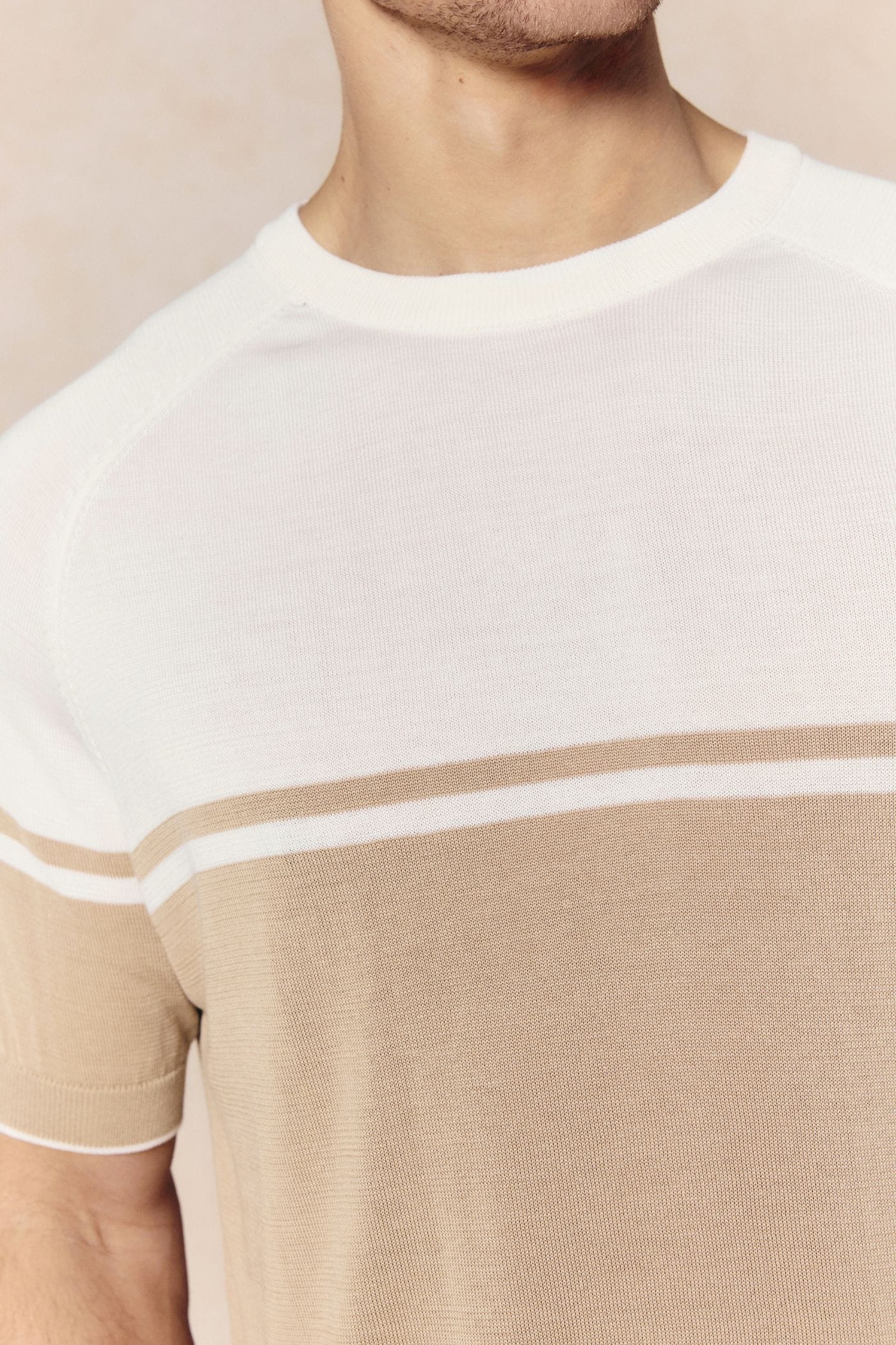 Riera Colour Block Knit Crew Neck T-Shirt - Beige/Ecru