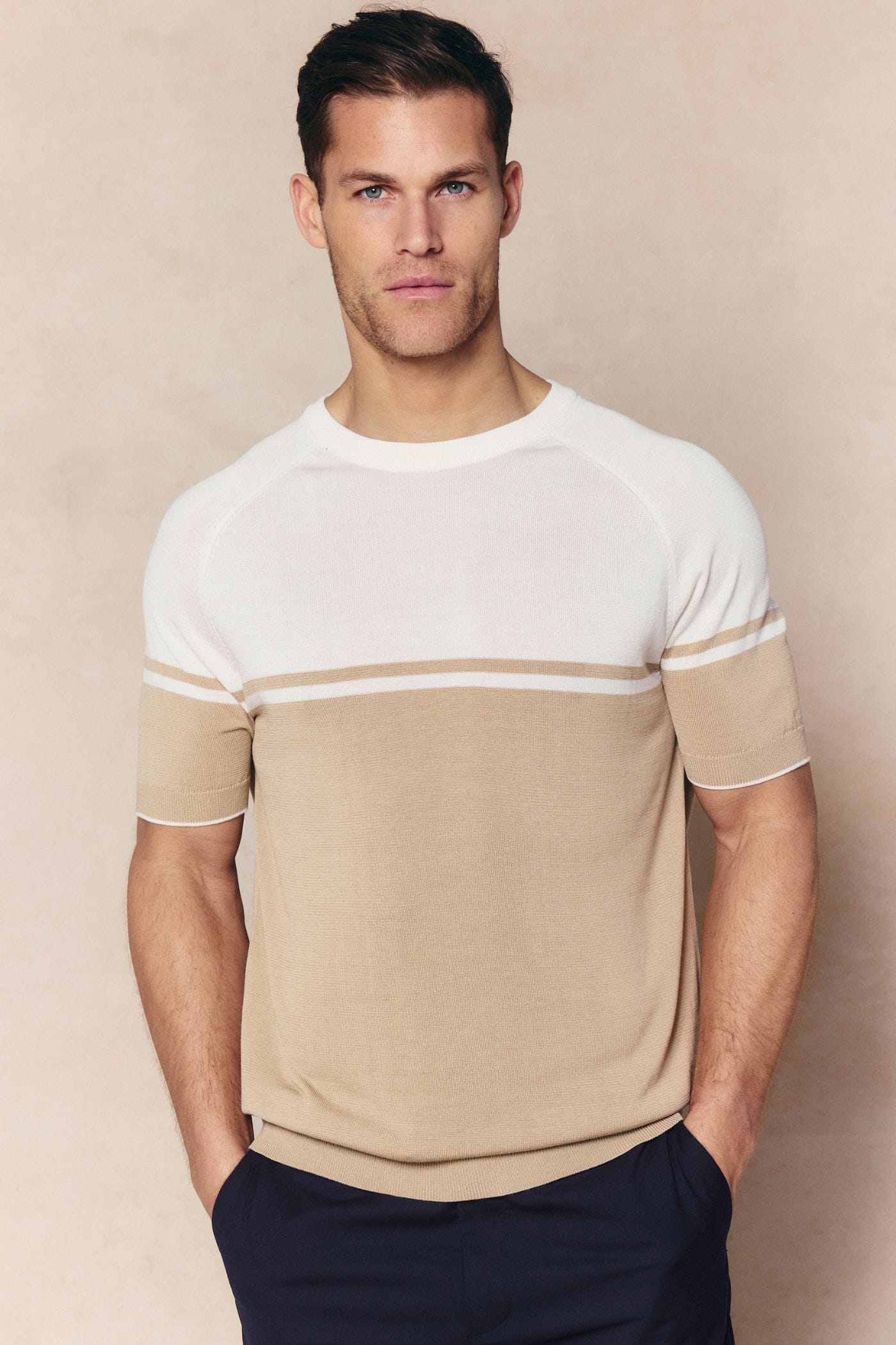 Riera Colour Block Knit Crew Neck T-Shirt - Beige/Ecru