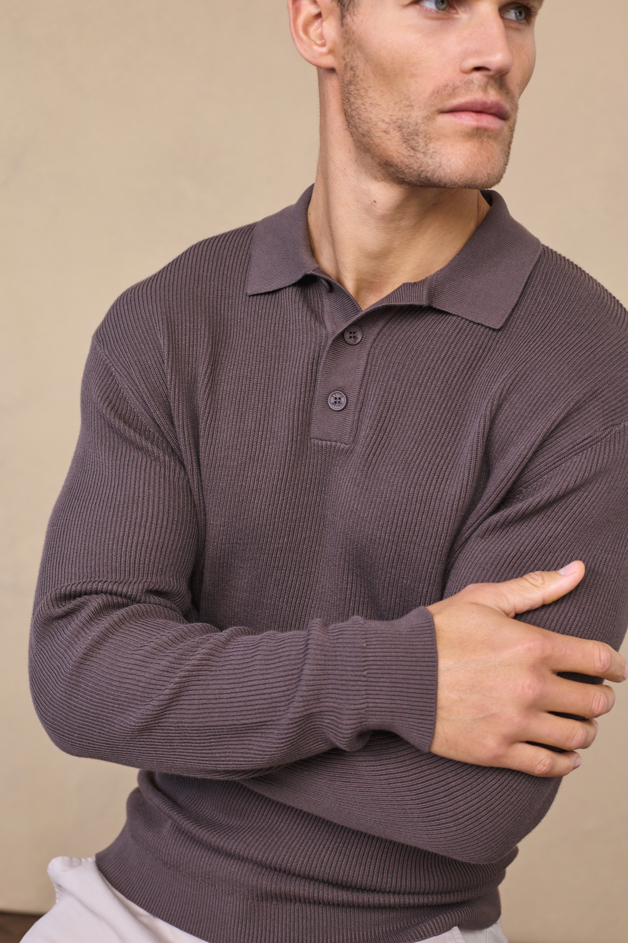 Angus Ribbed Polo - Mushroom