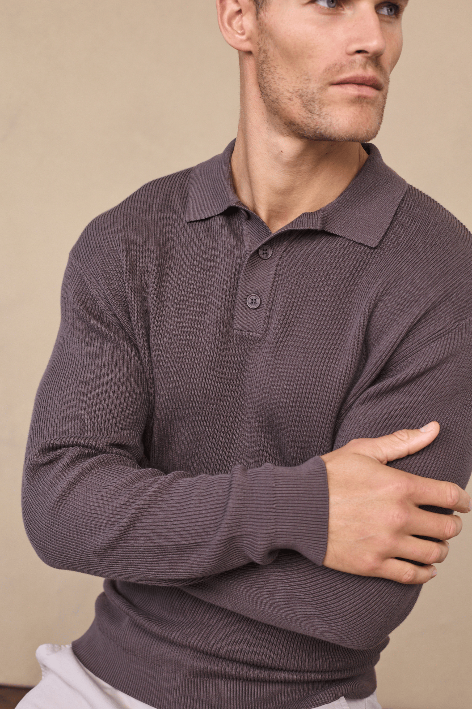 Angus Ribbed Polo - Mushroom