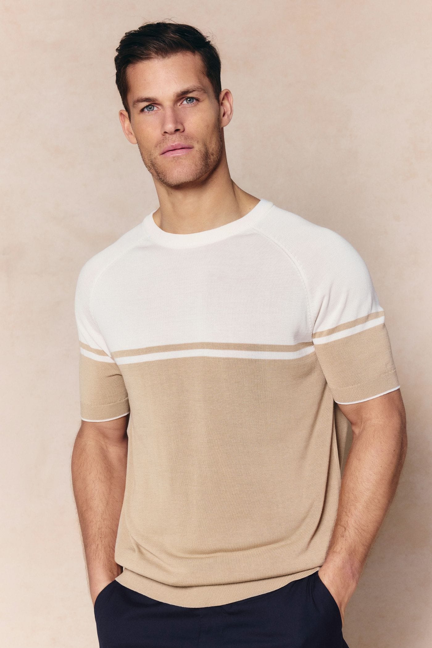 Riera Colour Block Knit Crew Neck T-Shirt - Beige/Ecru