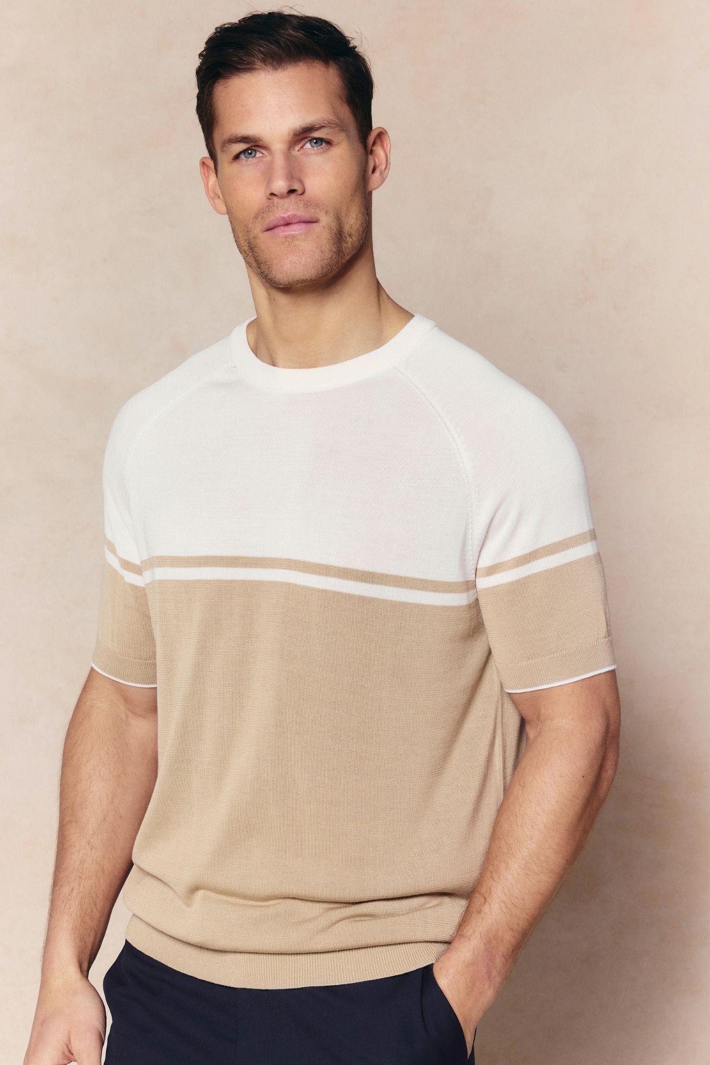 Riera Colour Block Knit Crew Neck T-Shirt - Beige/Ecru