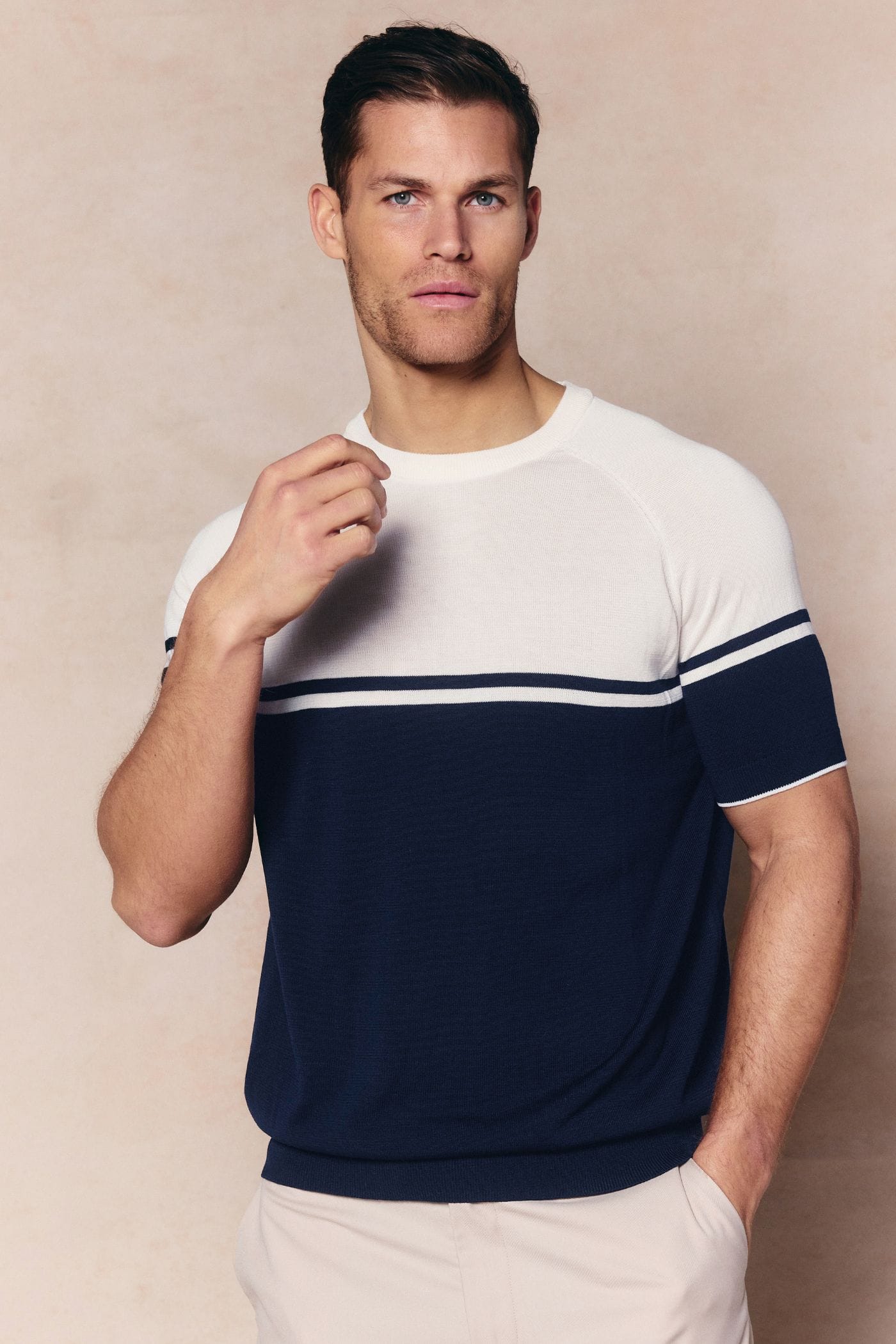 Riera Colour Block Knit Crew Neck T-Shirt - Navy/Ecru