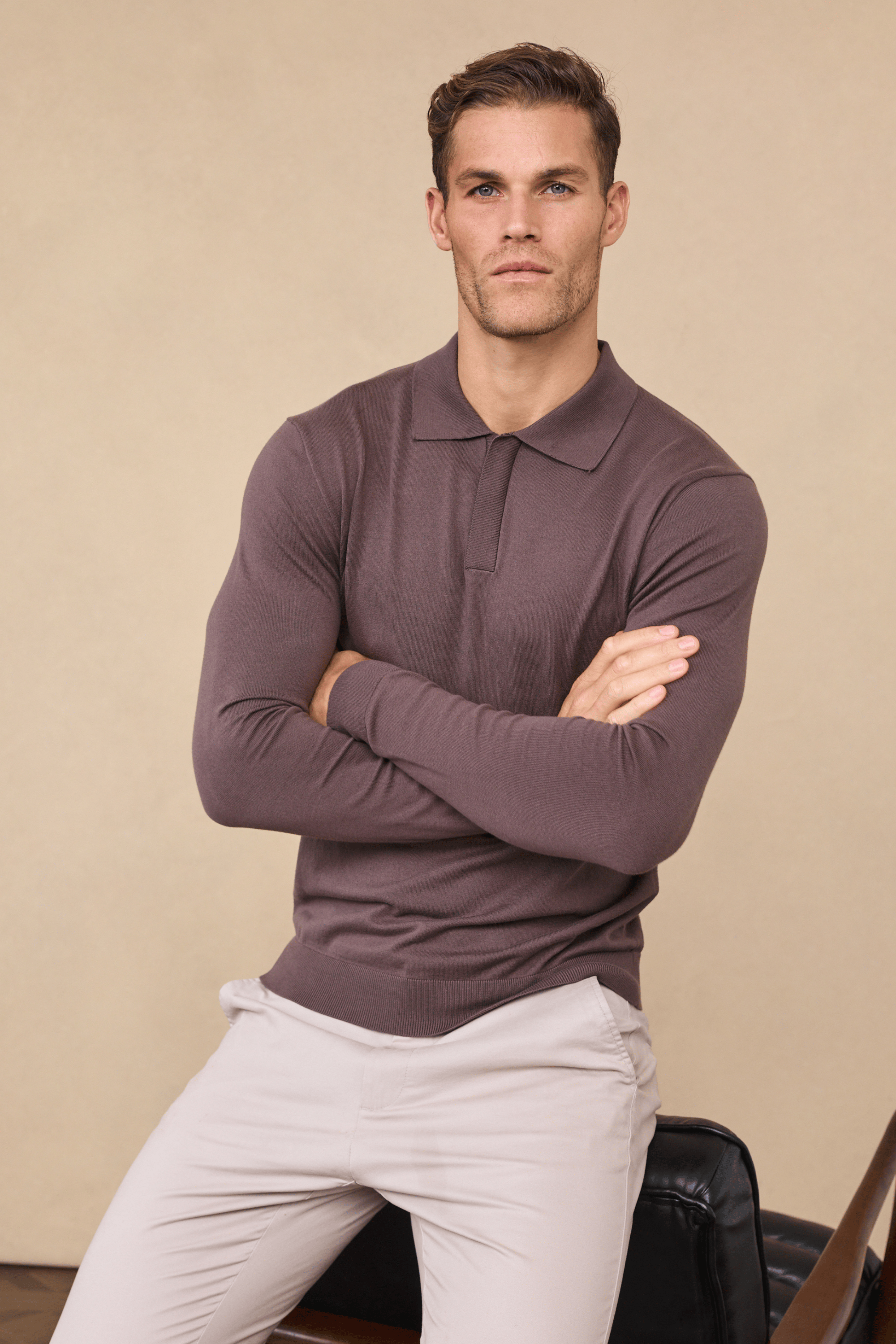 Andre Long Sleeve Button Polo - Mocha