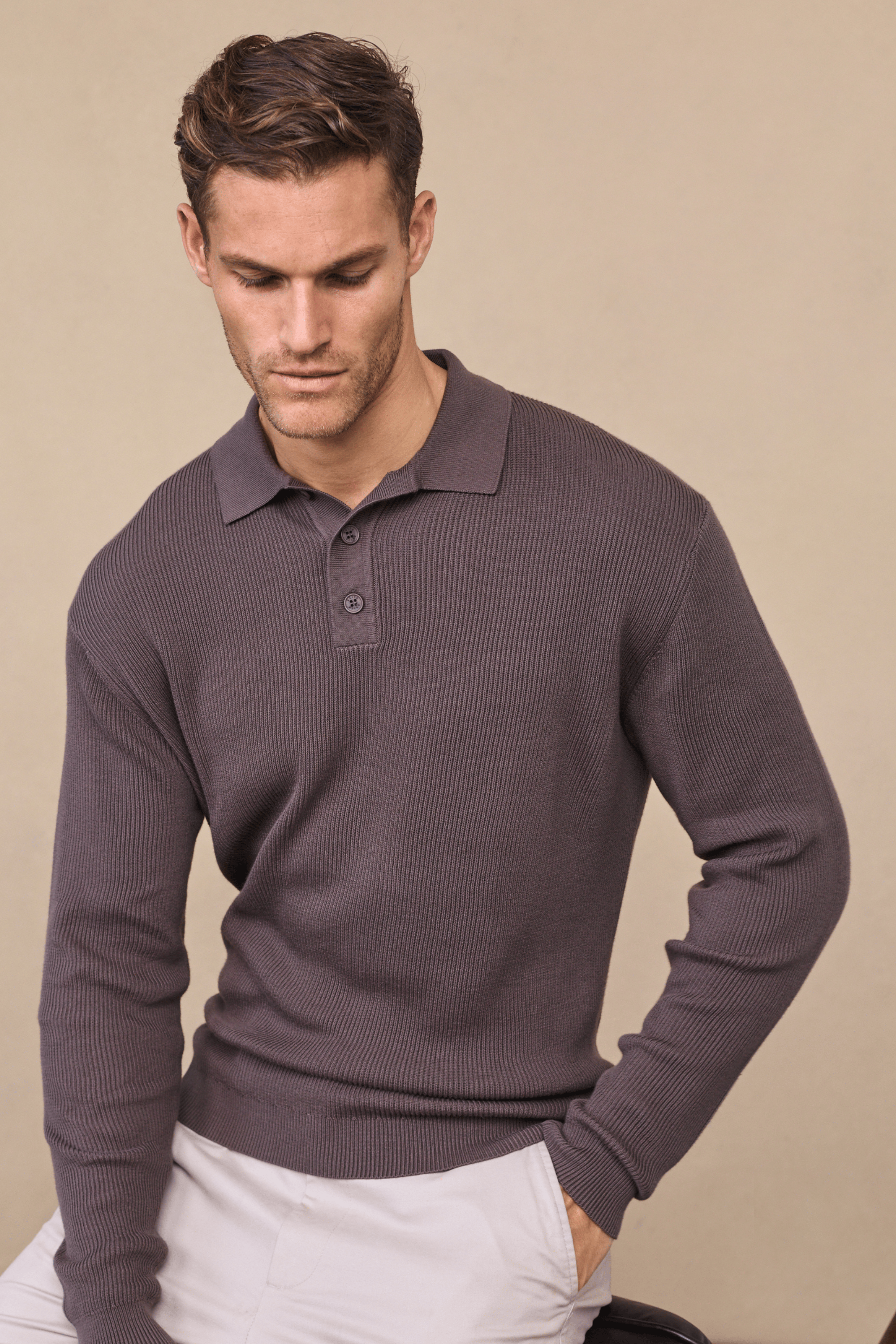 Angus Ribbed Polo - Mushroom