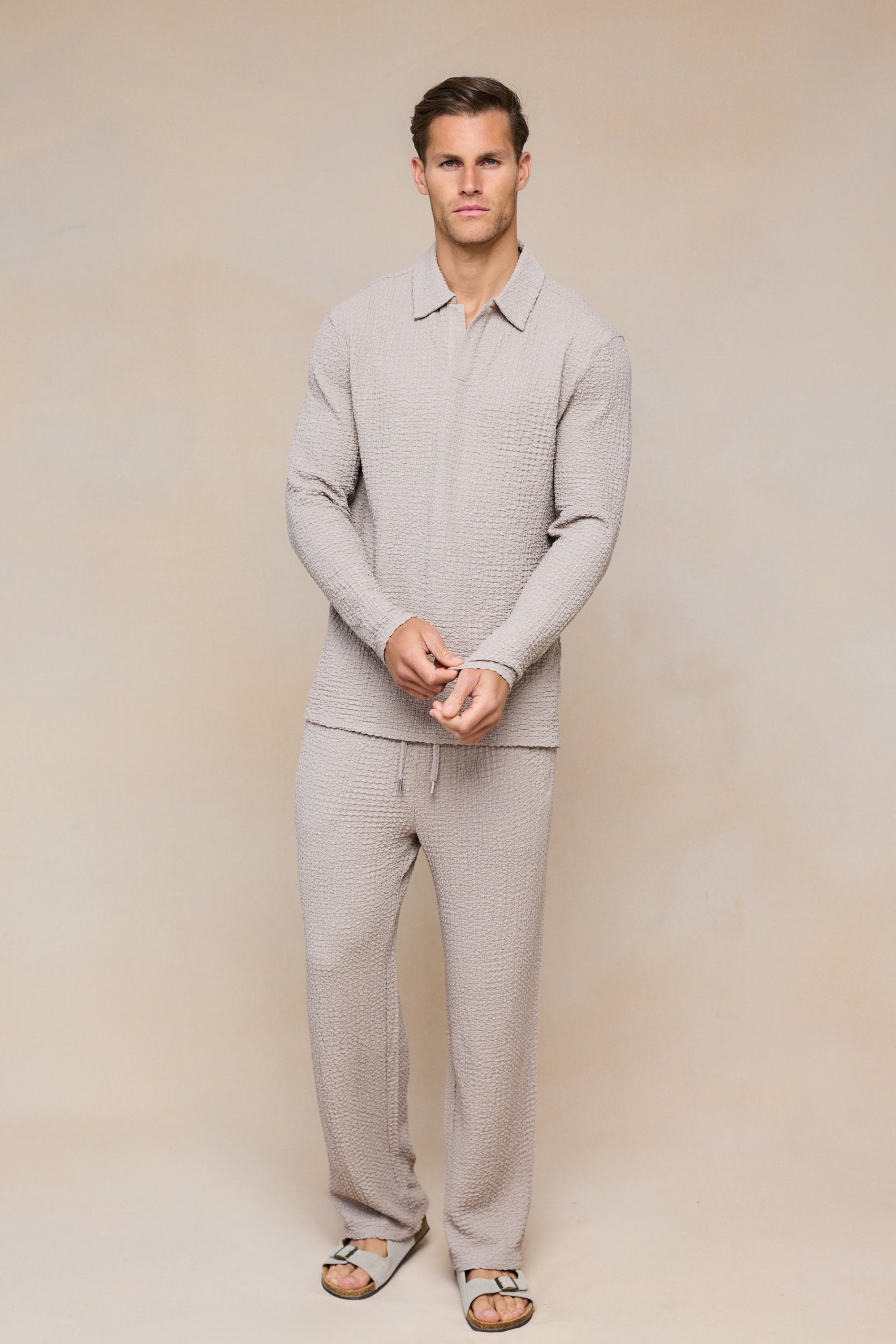 Artie Ruched Textured Long Sleeve Polo Shirt - Mushroom