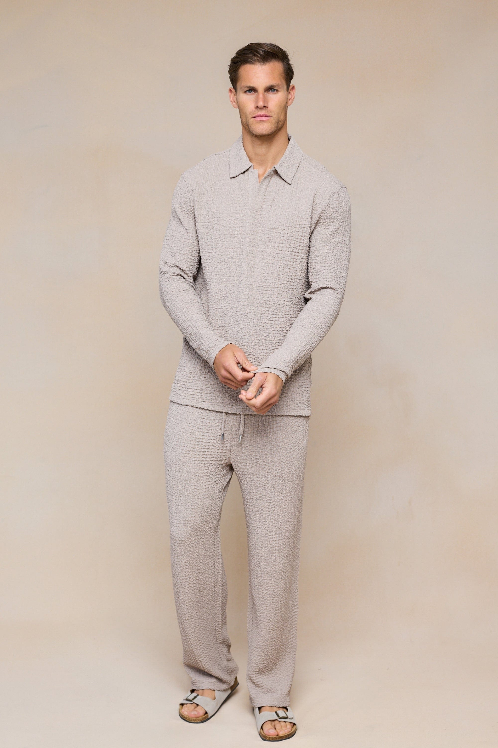 Artie Ruched Textured Long Sleeve Polo Shirt - Mushroom