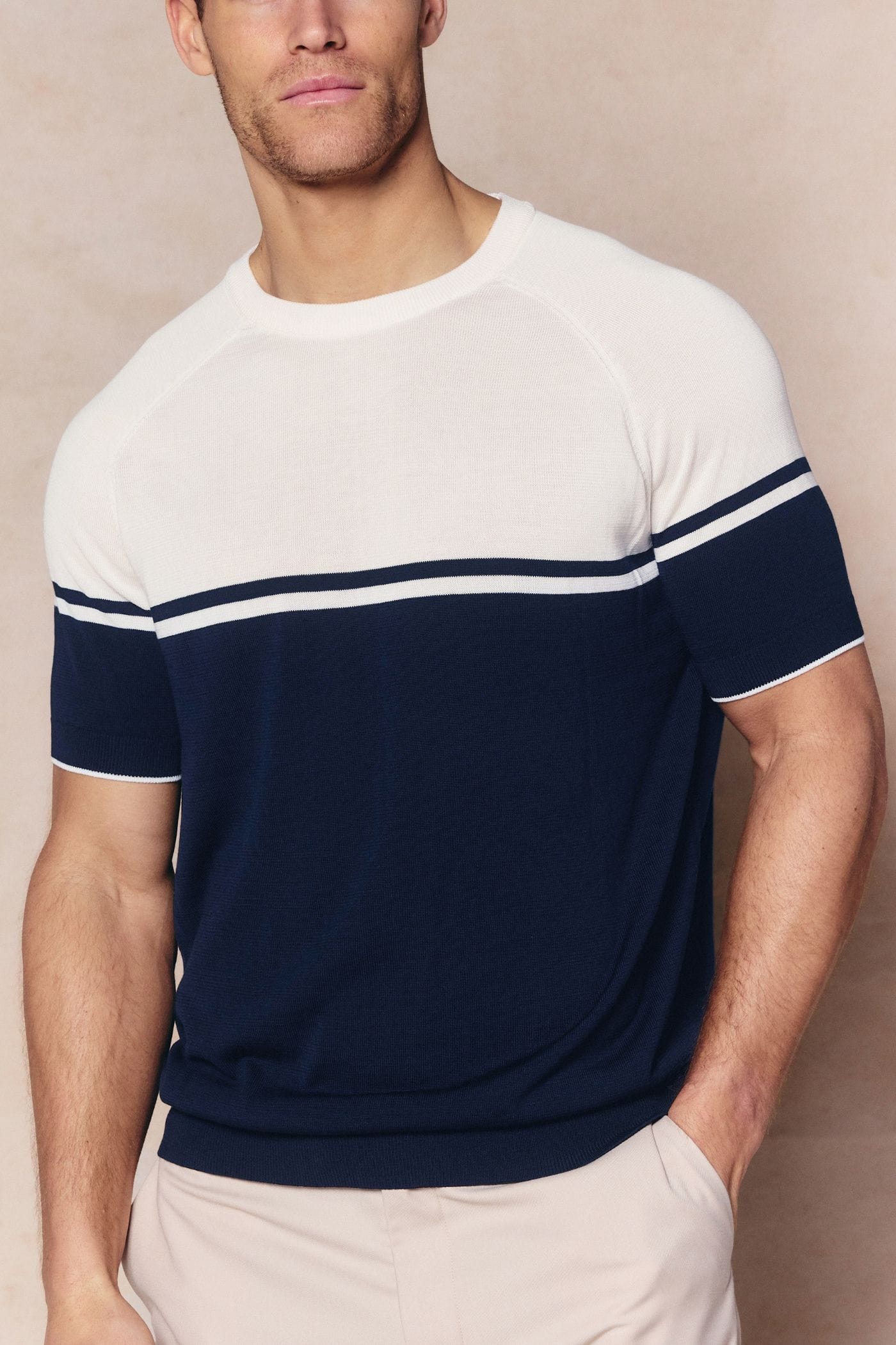 Riera Colour Block Knit Crew Neck T-Shirt - Navy/Ecru