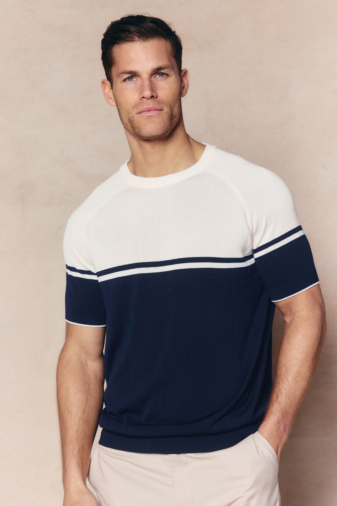 Riera Colour Block Knit Crew Neck T-Shirt - Navy/Ecru