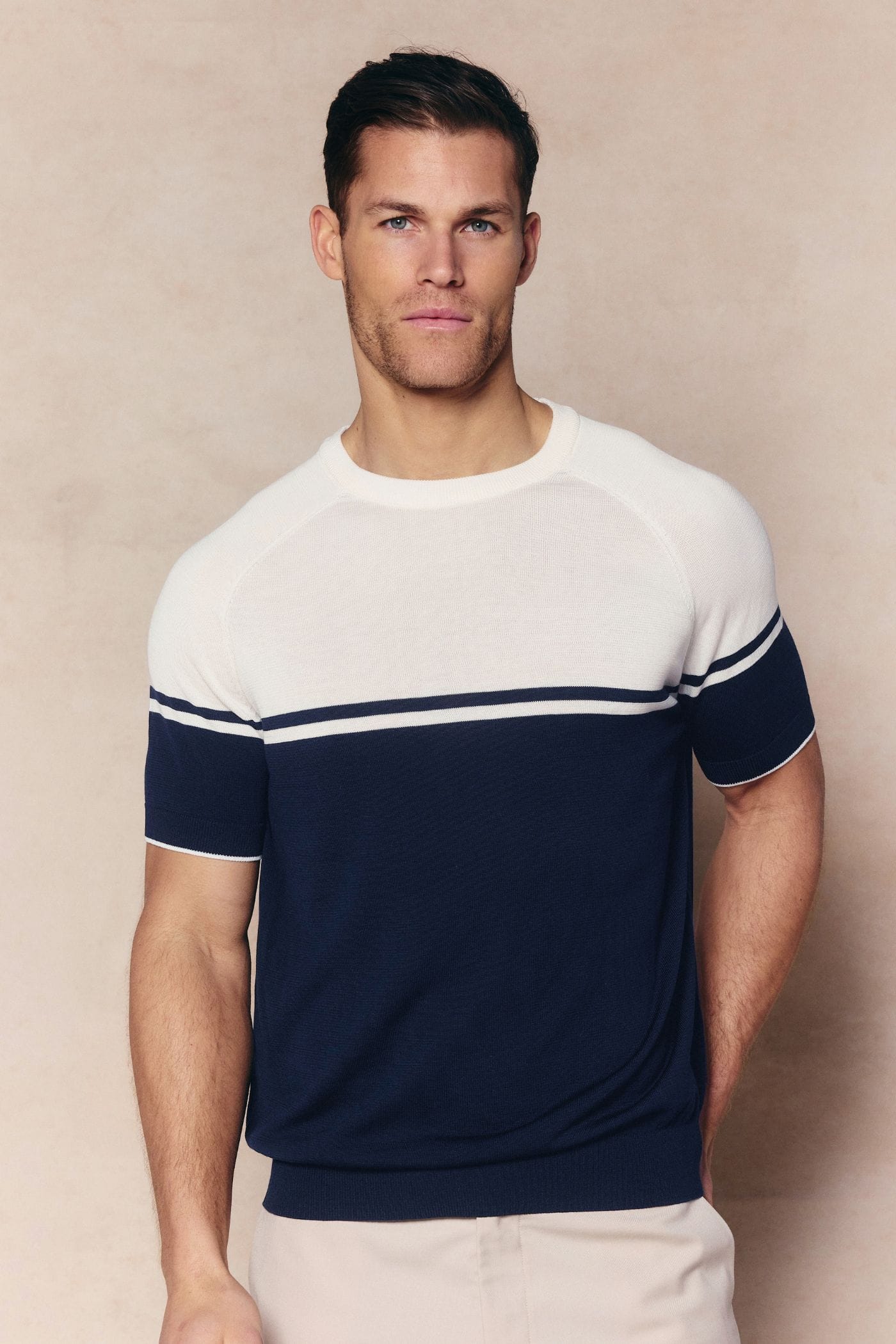 Riera Colour Block Knit Crew Neck T-Shirt - Navy/Ecru