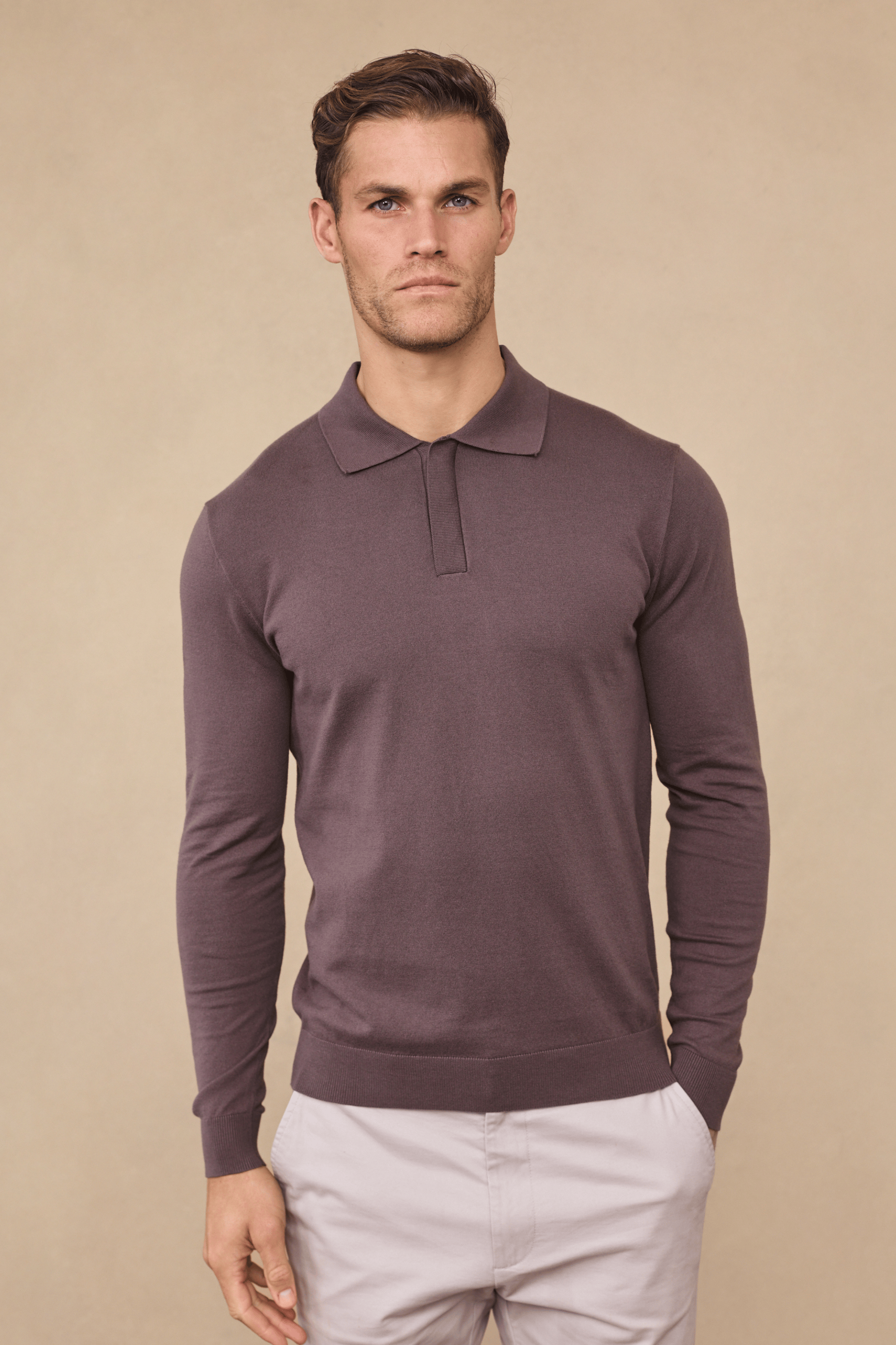 Andre Long Sleeve Button Polo - Mocha