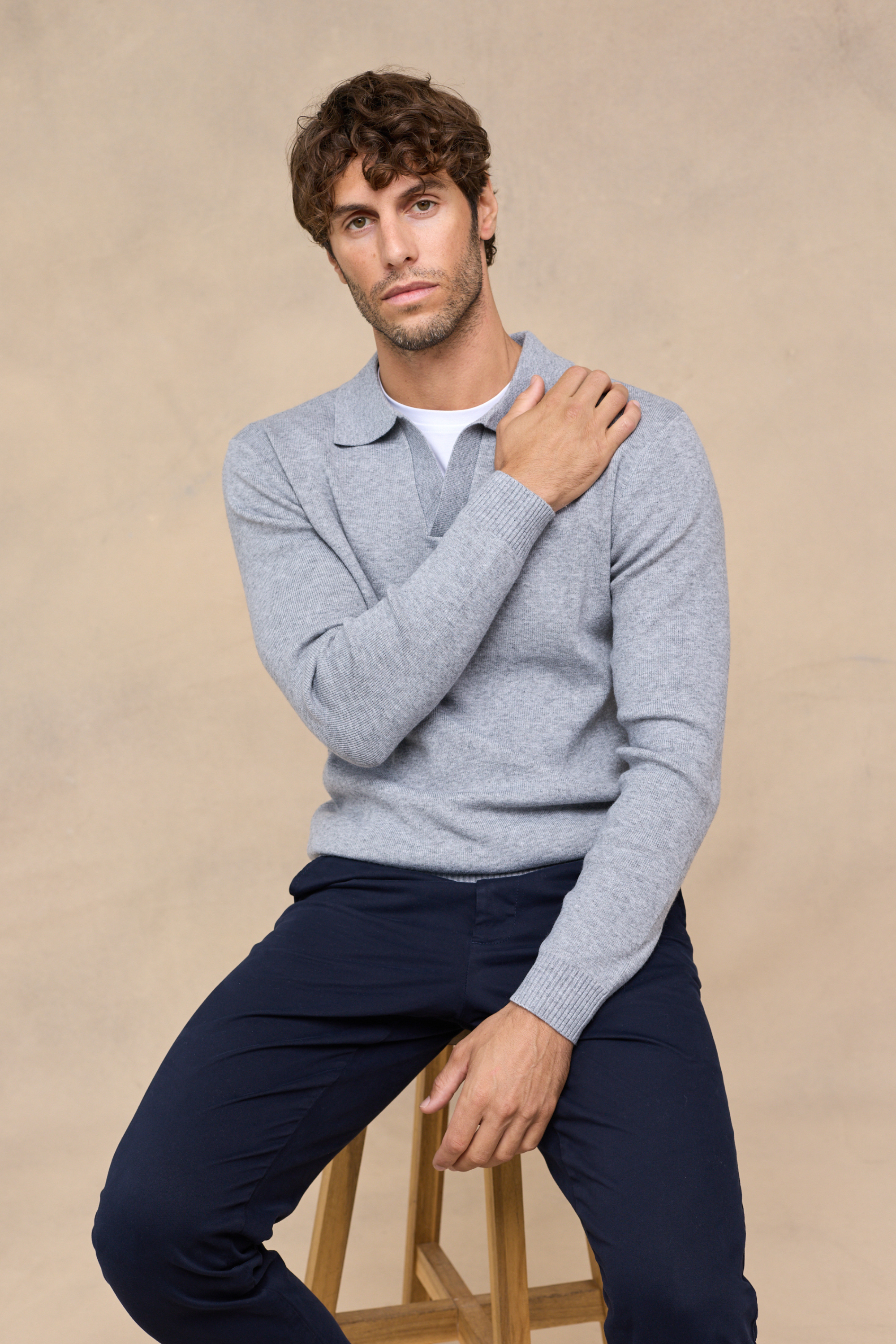 Lennon Open Collar Polo - Grey Marl