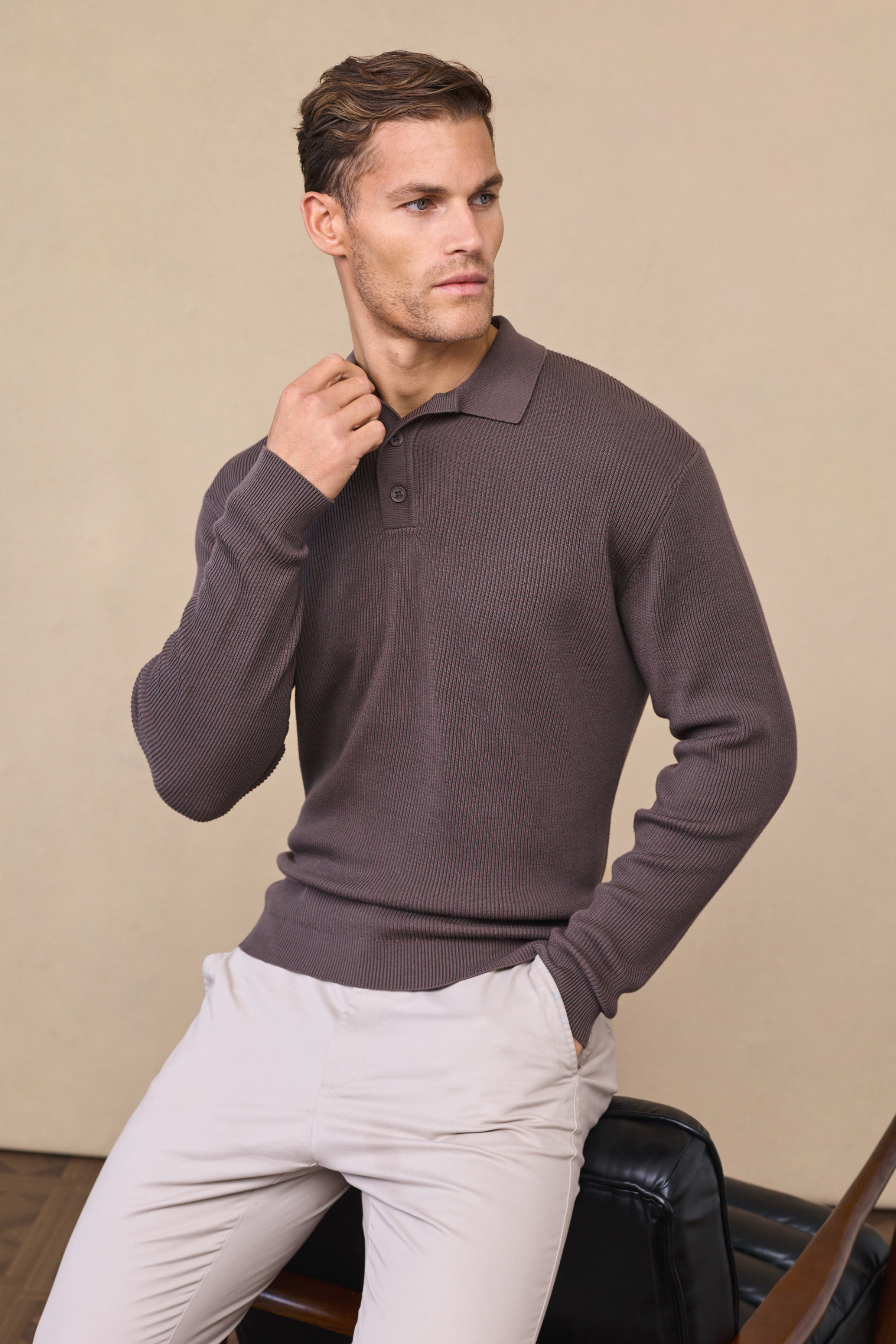 Angus Ribbed Polo - Mushroom