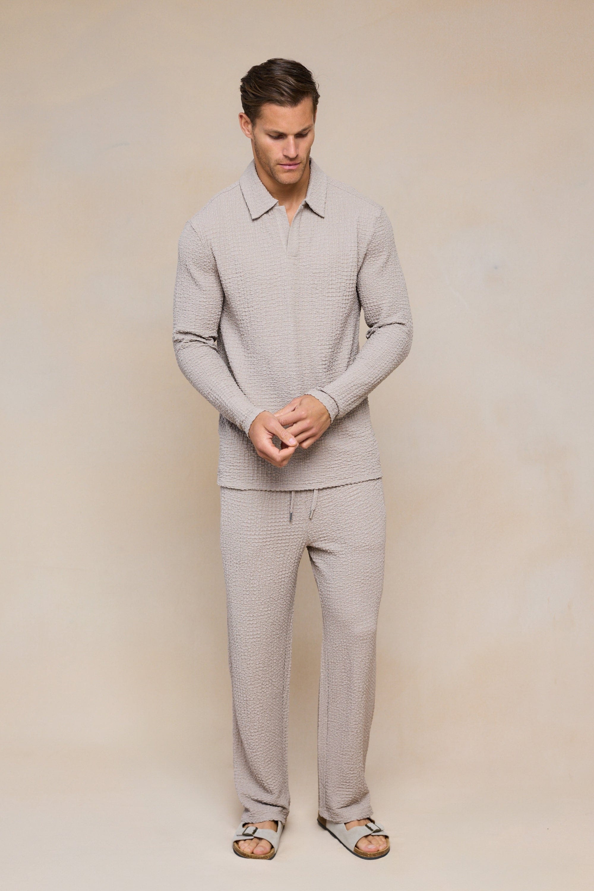 Artie Ruched Textured Long Sleeve Polo Shirt - Mushroom