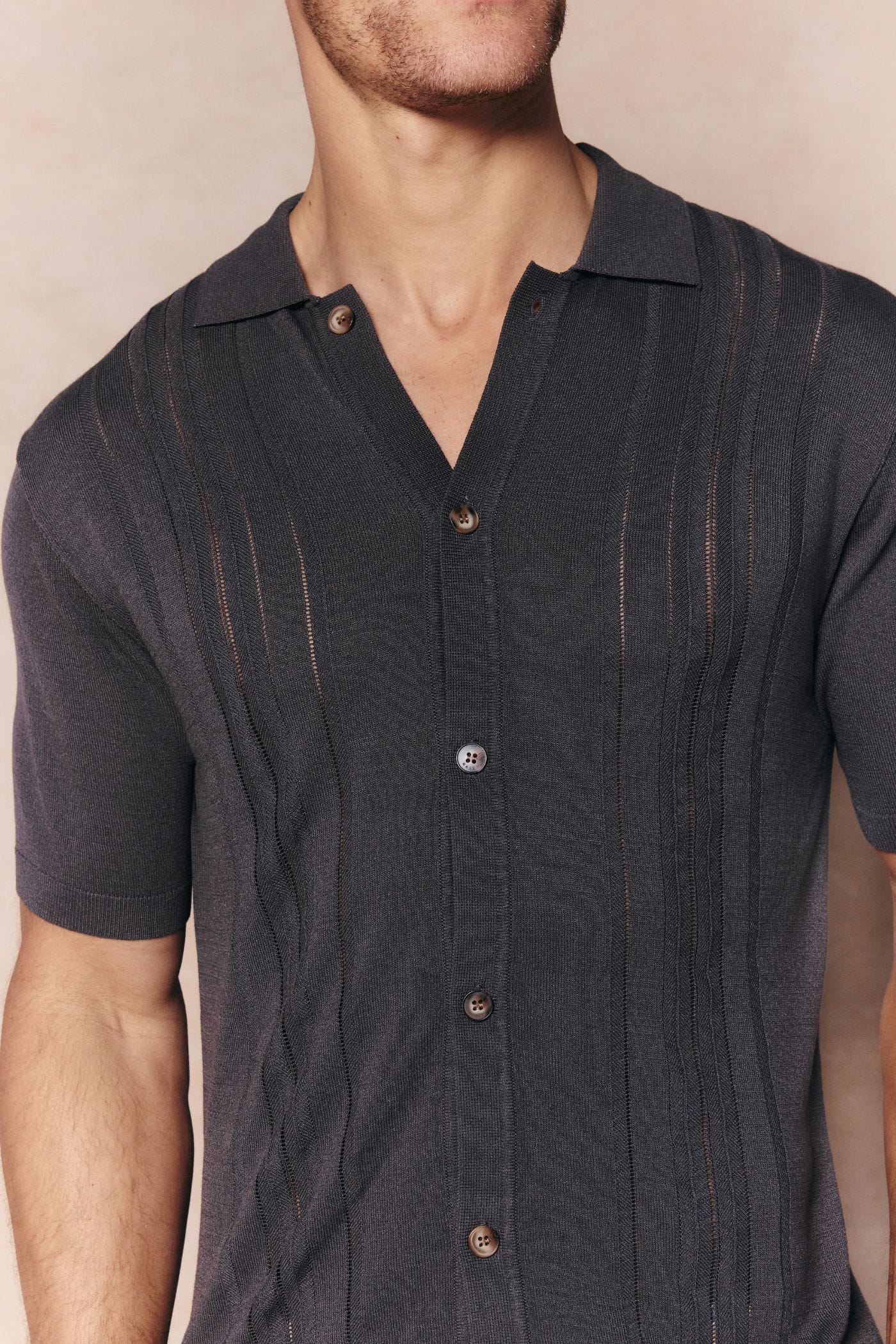 Juan Button Thru Boucle Knit Striped Polo - Mushroom