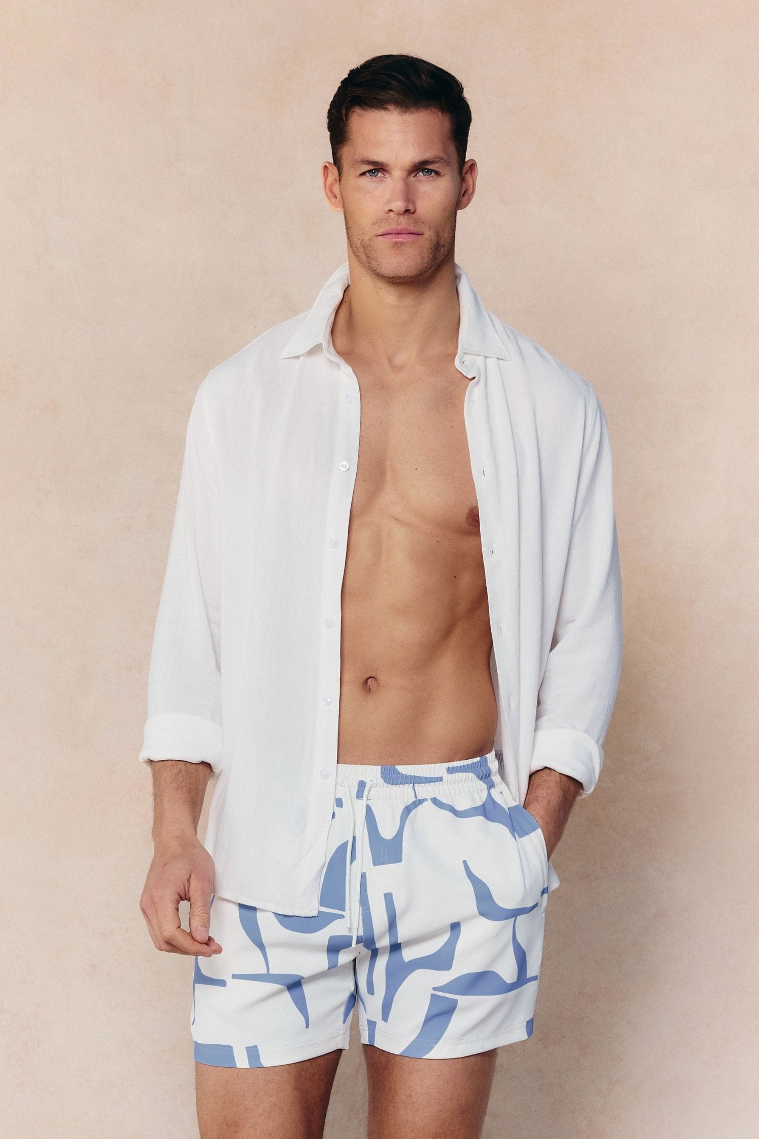 Massira Elasticated Waist Swim Short - Ecru/Light Blue