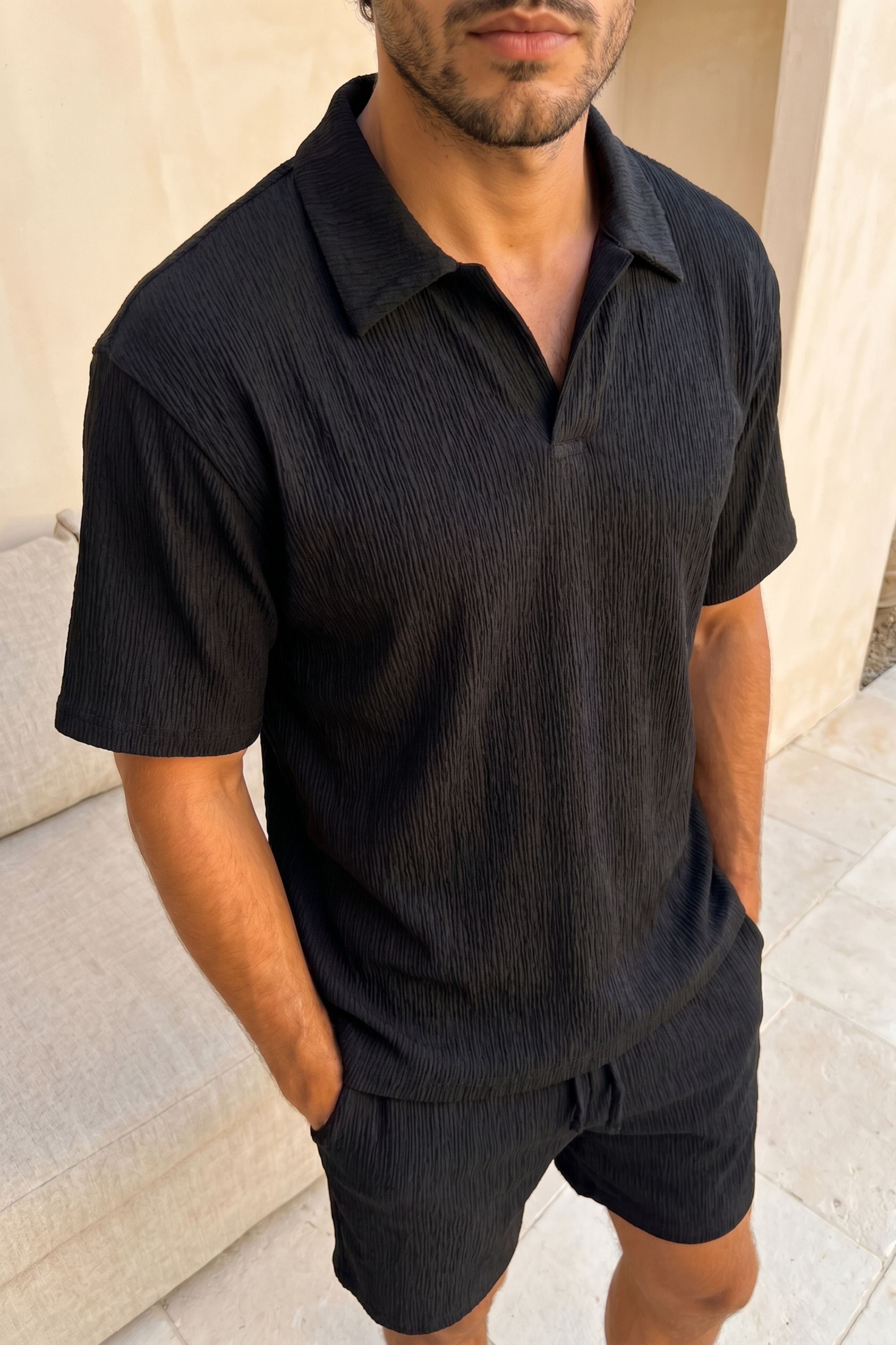 Silvano Crinkled Open Collar Polo - Black