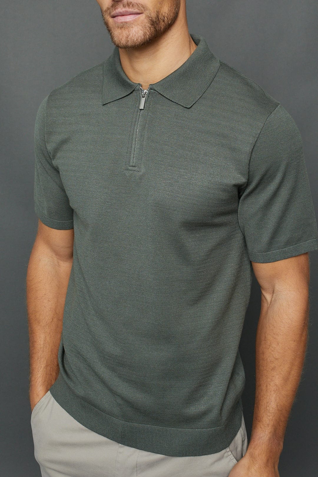 Llana Knitted Zip Polo - Sage Green