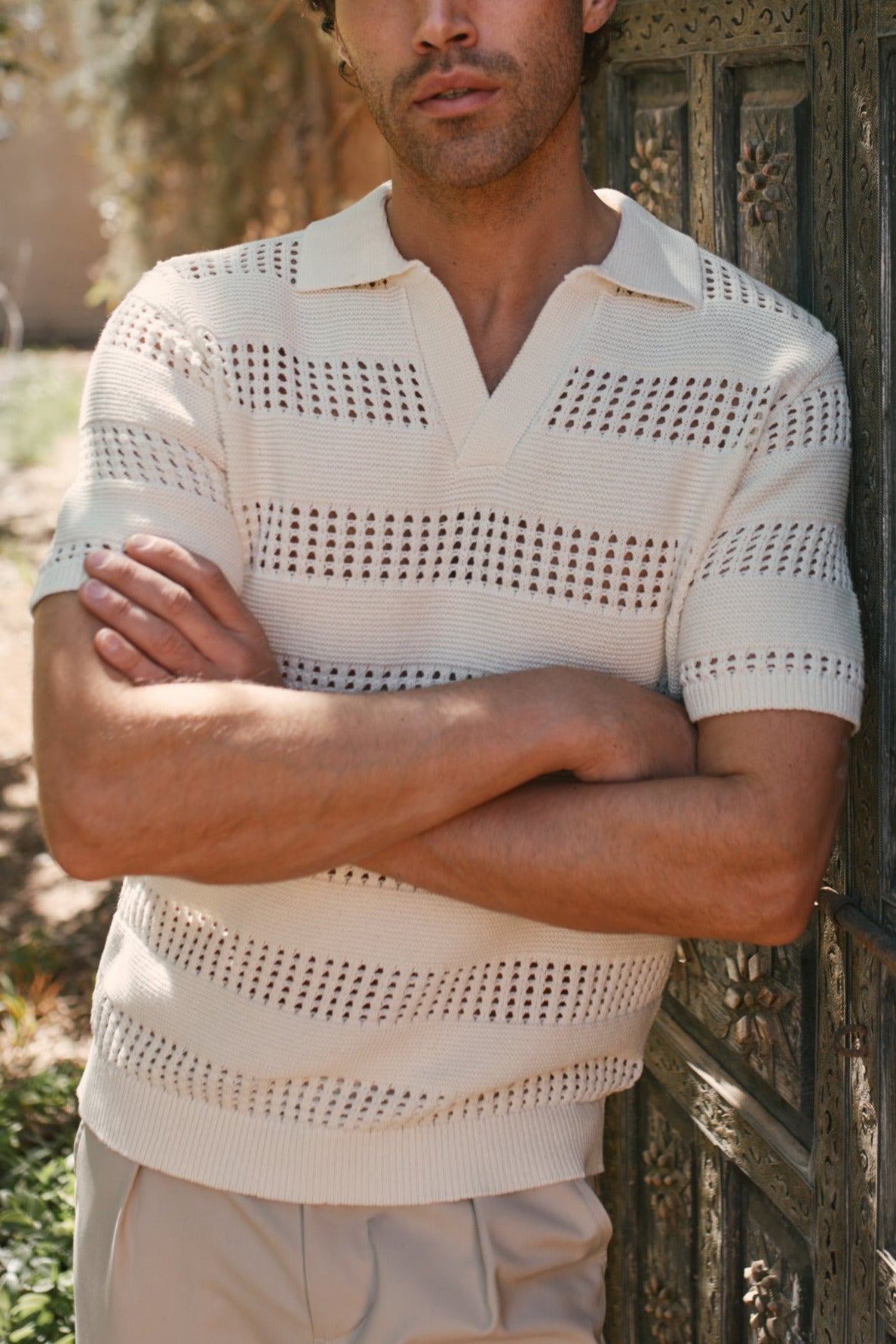 Frattina Crochet Cotton Knit Polo - Ecru