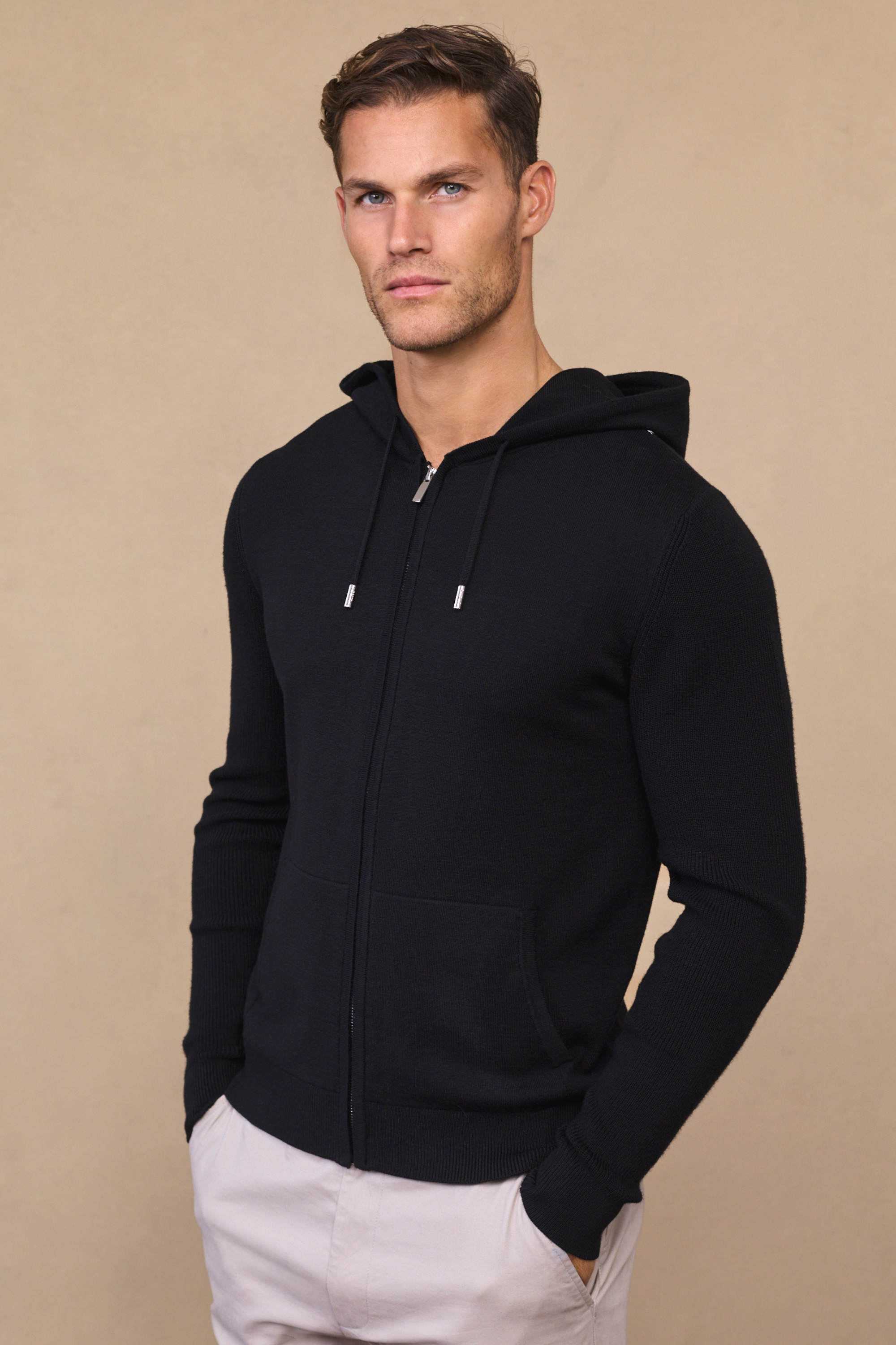 Nolan Knitted Zip Through Hoodie - Black