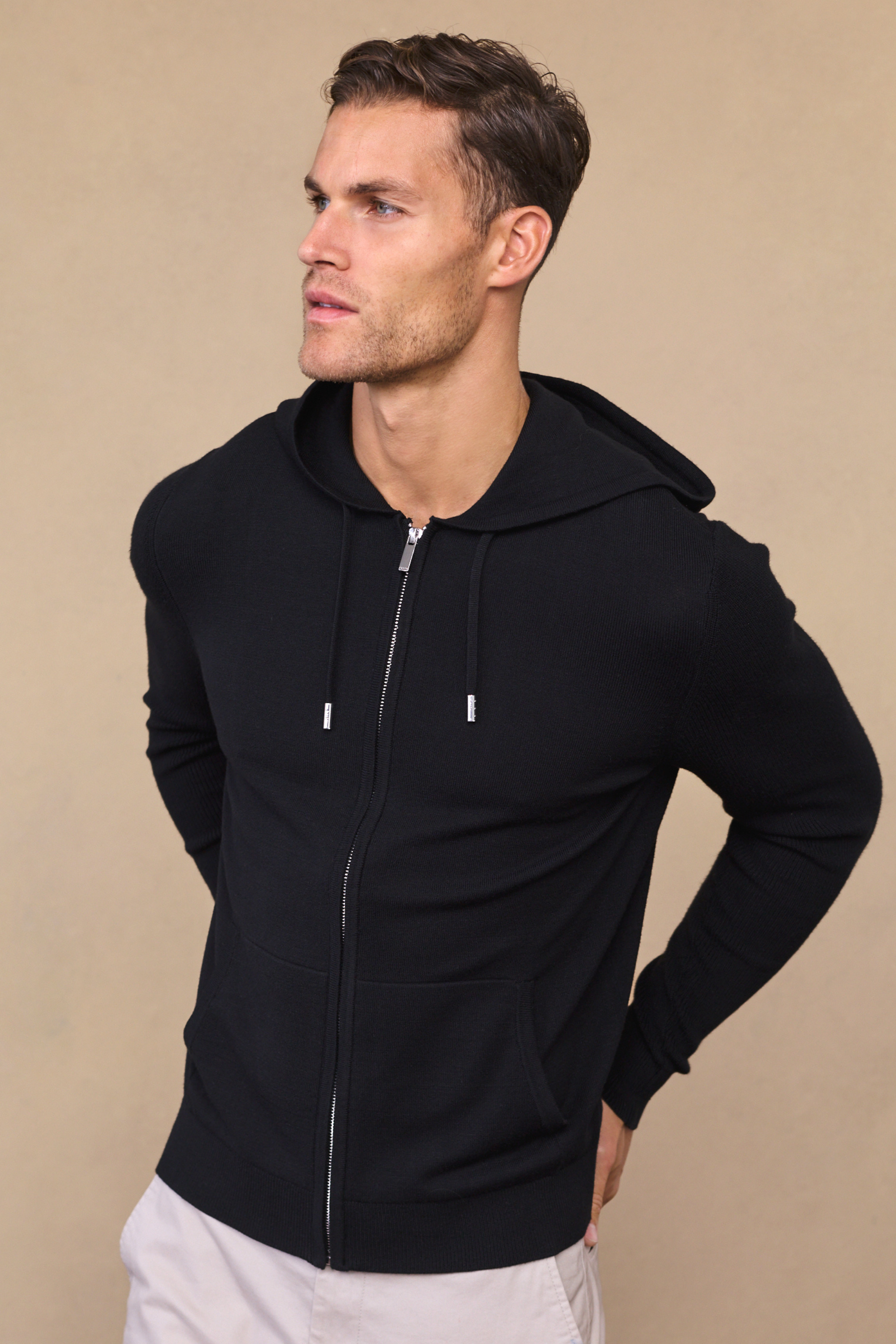 Nolan Knitted Zip Through Hoodie - Black